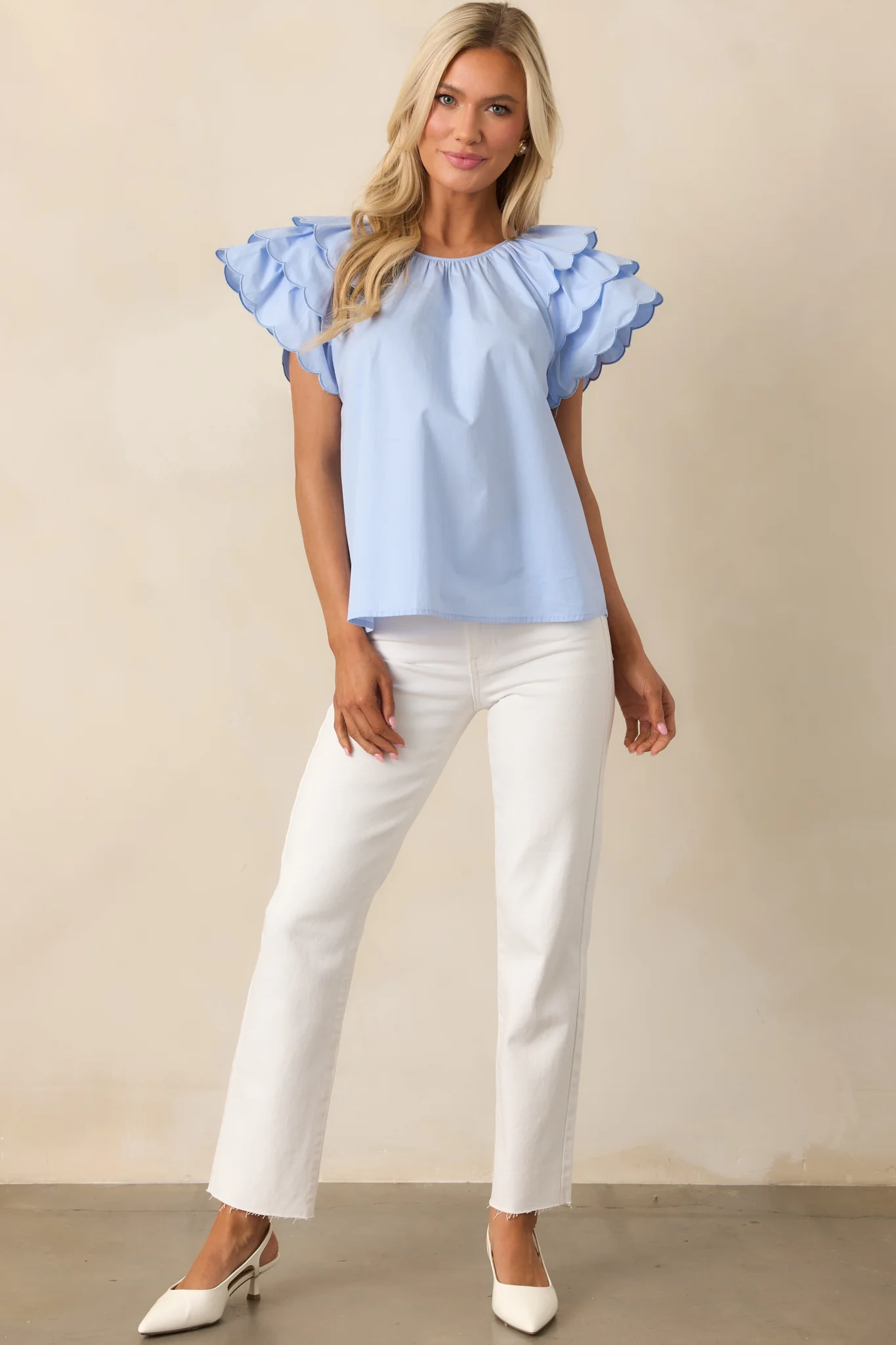 Bianca Blue Fog Cotton Embroidered Scallop Top