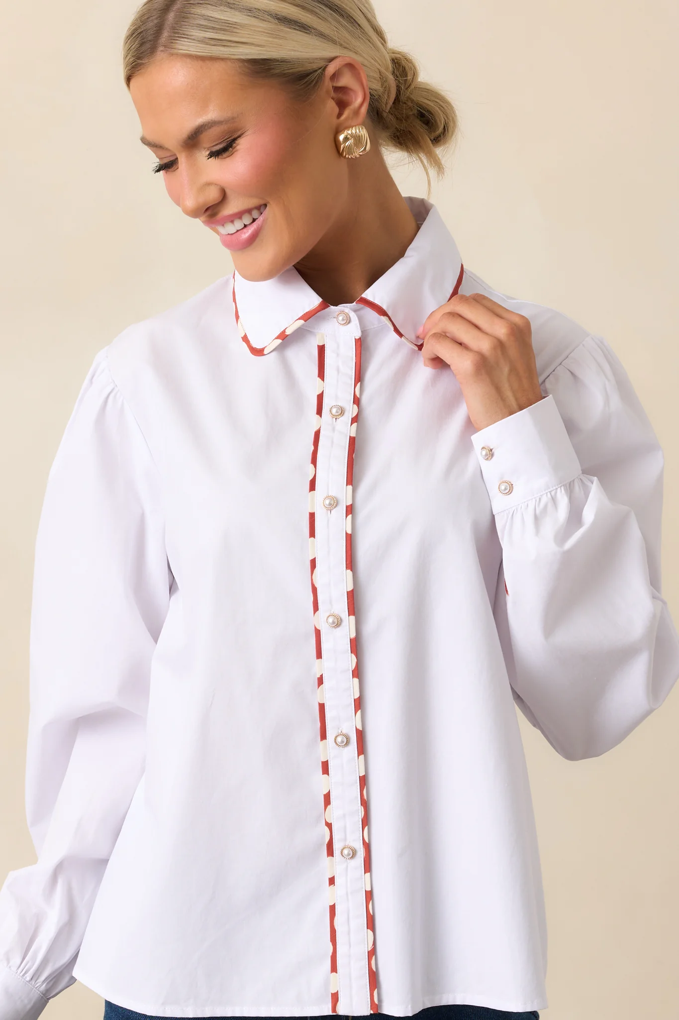 Prosperina Vivian White Cotton Contrast Trim Top