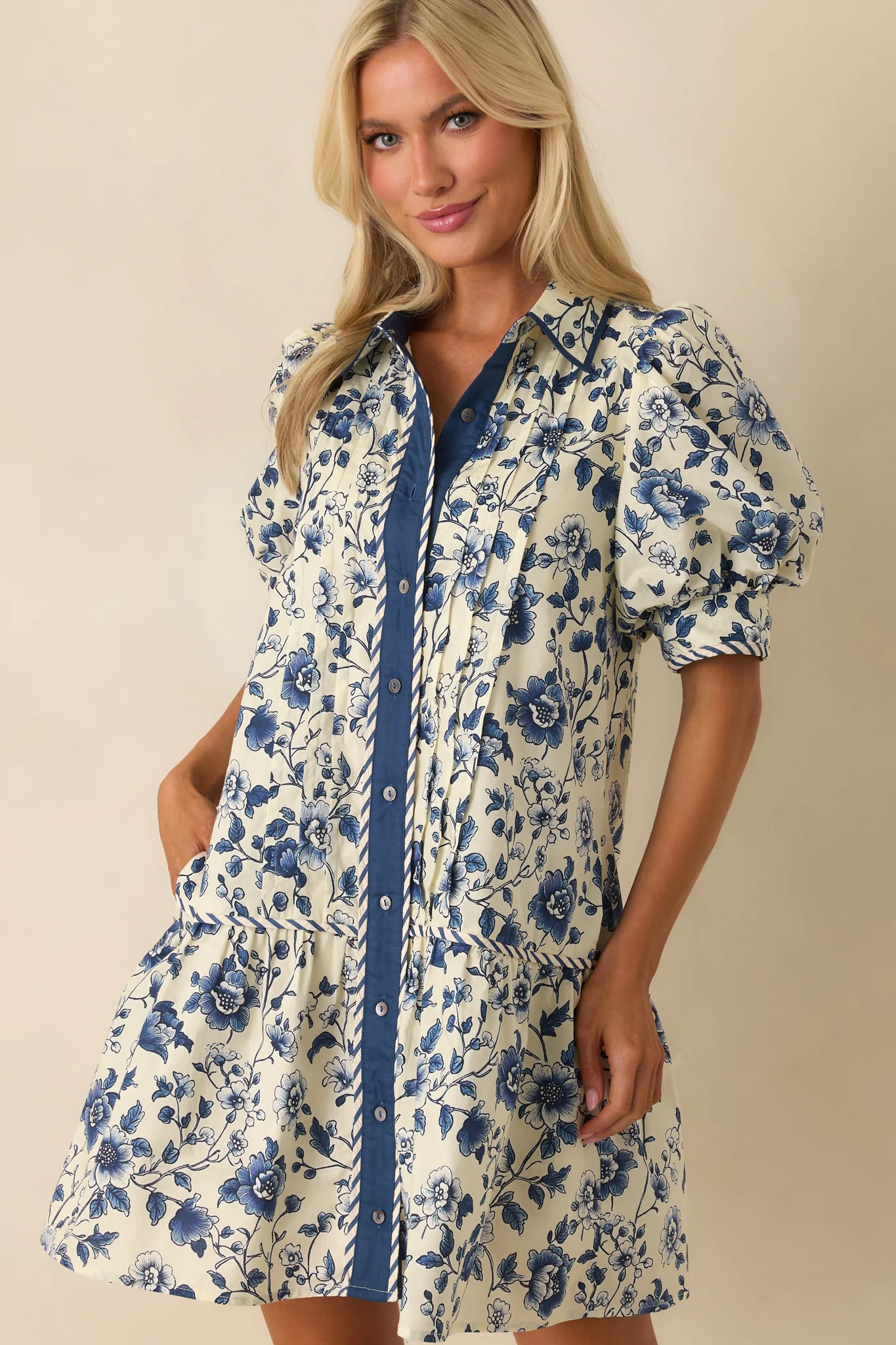 As It Happens Navy Floral Print Cotton Puff Sleeve Mini Dress