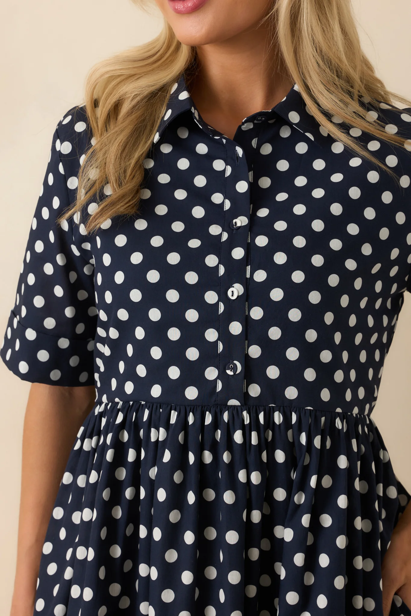 Prosperina Piper Navy Polka Dot Cotton Mini Dress