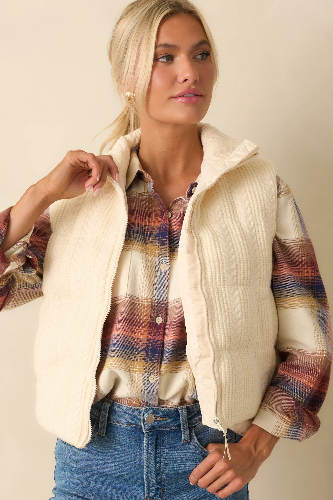Ivory Cable Knit Puffer Vest