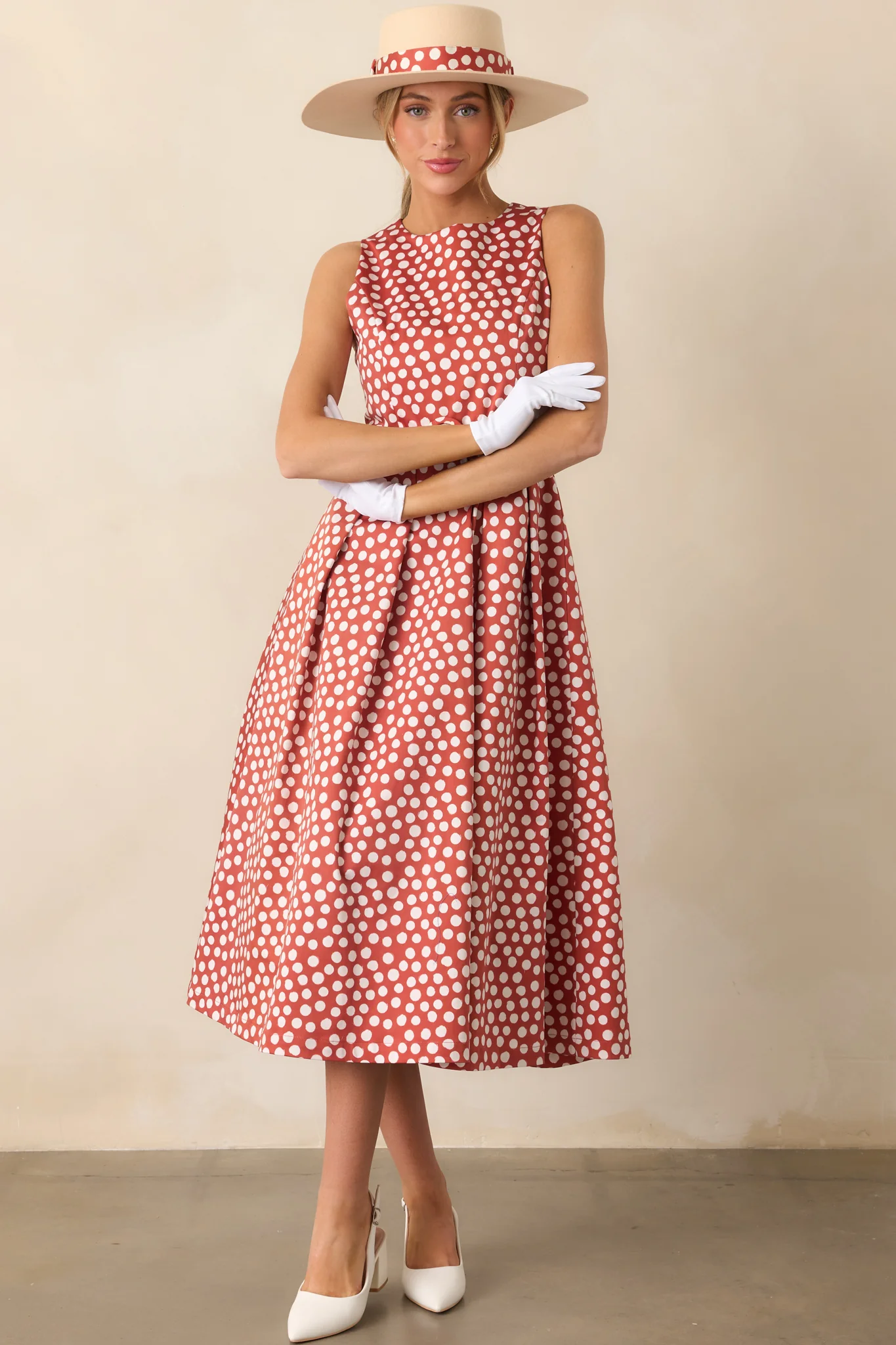 Prosperina Ava Brick Red Polka Dot Cotton Midi Dress
