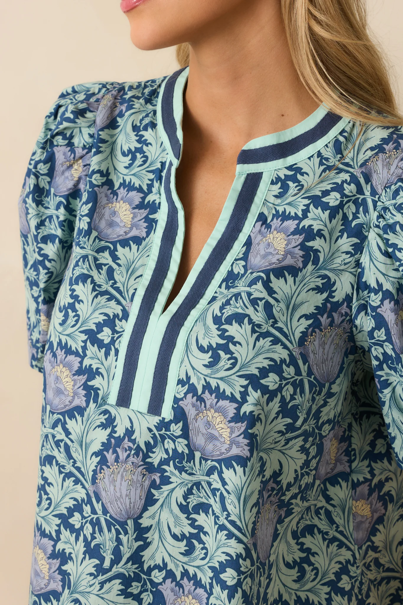 Nothing To Add Navy Multi Floral Print Cotton Puff Sleeve Top