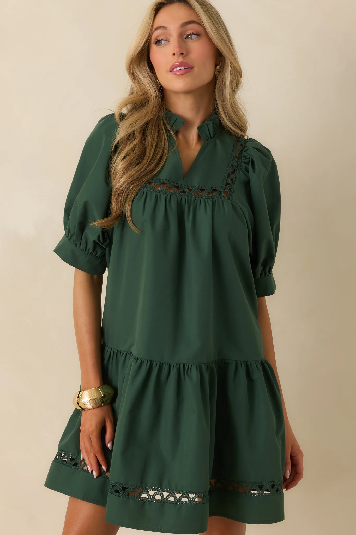 Feels Just Right Hunter Green Puff Sleeve Embroidered Eyelet Mini Dress