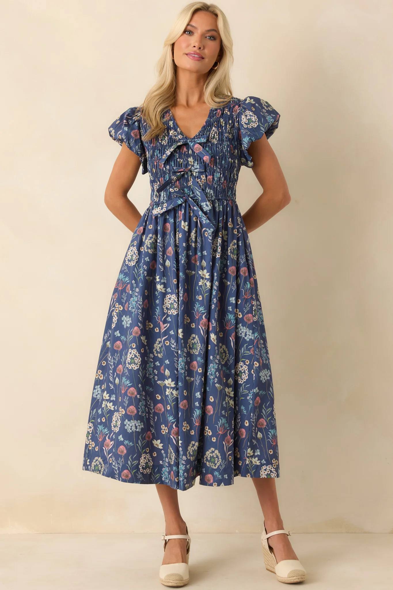 A Subtle Shift Dusty Blue Multi Floral Print Cotton Midi Dress