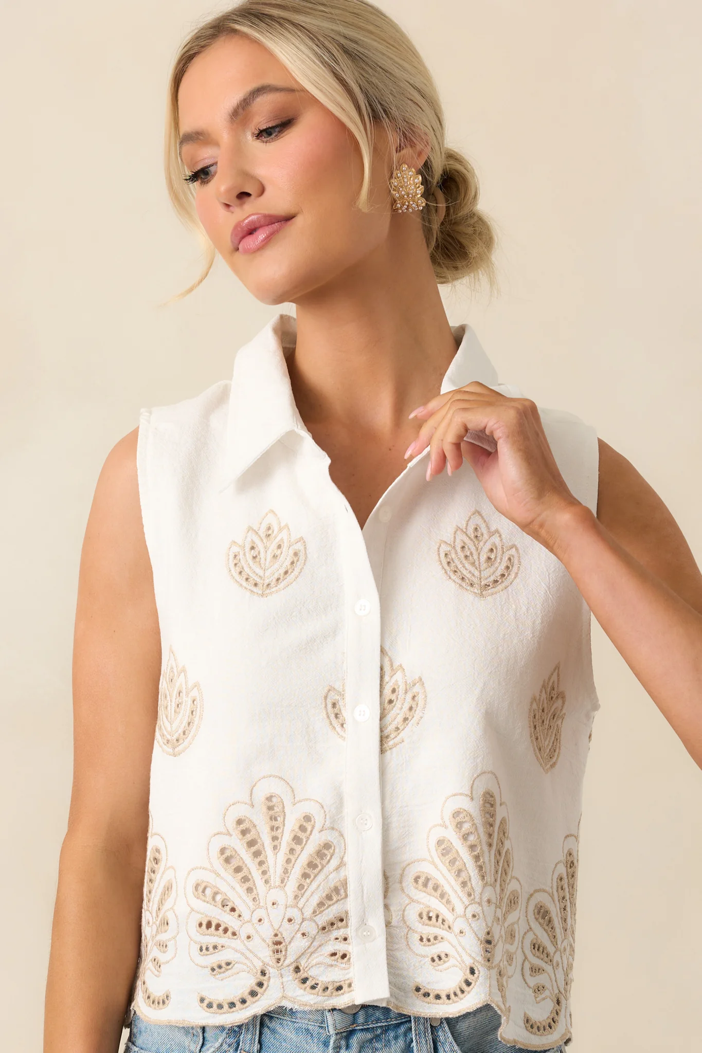 Trust The Timing Ivory Cotton Embroidered Eyelet Top