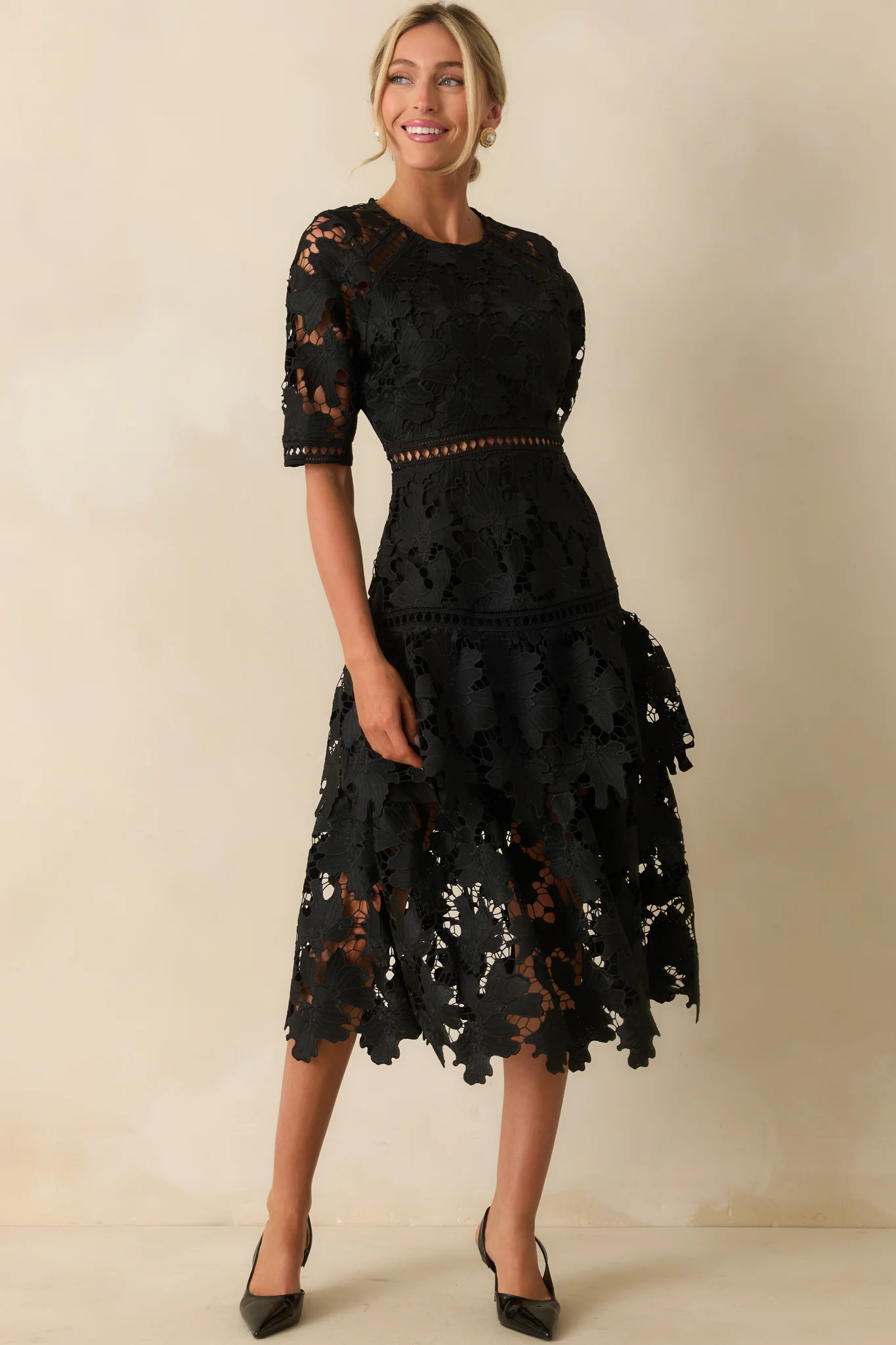 There's Nothing To It Black Lace Tiered Midi Dress