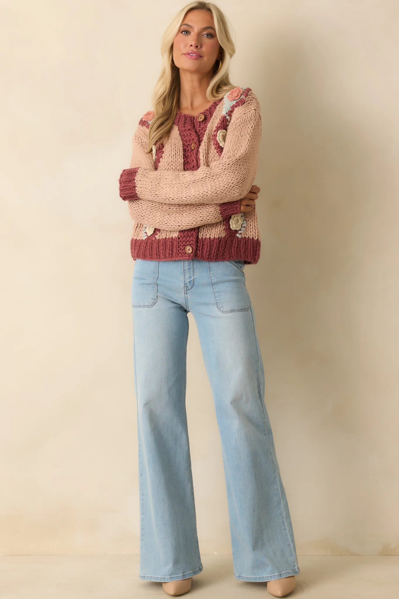 Dusty Rose Pink Floral Knit Cardigan