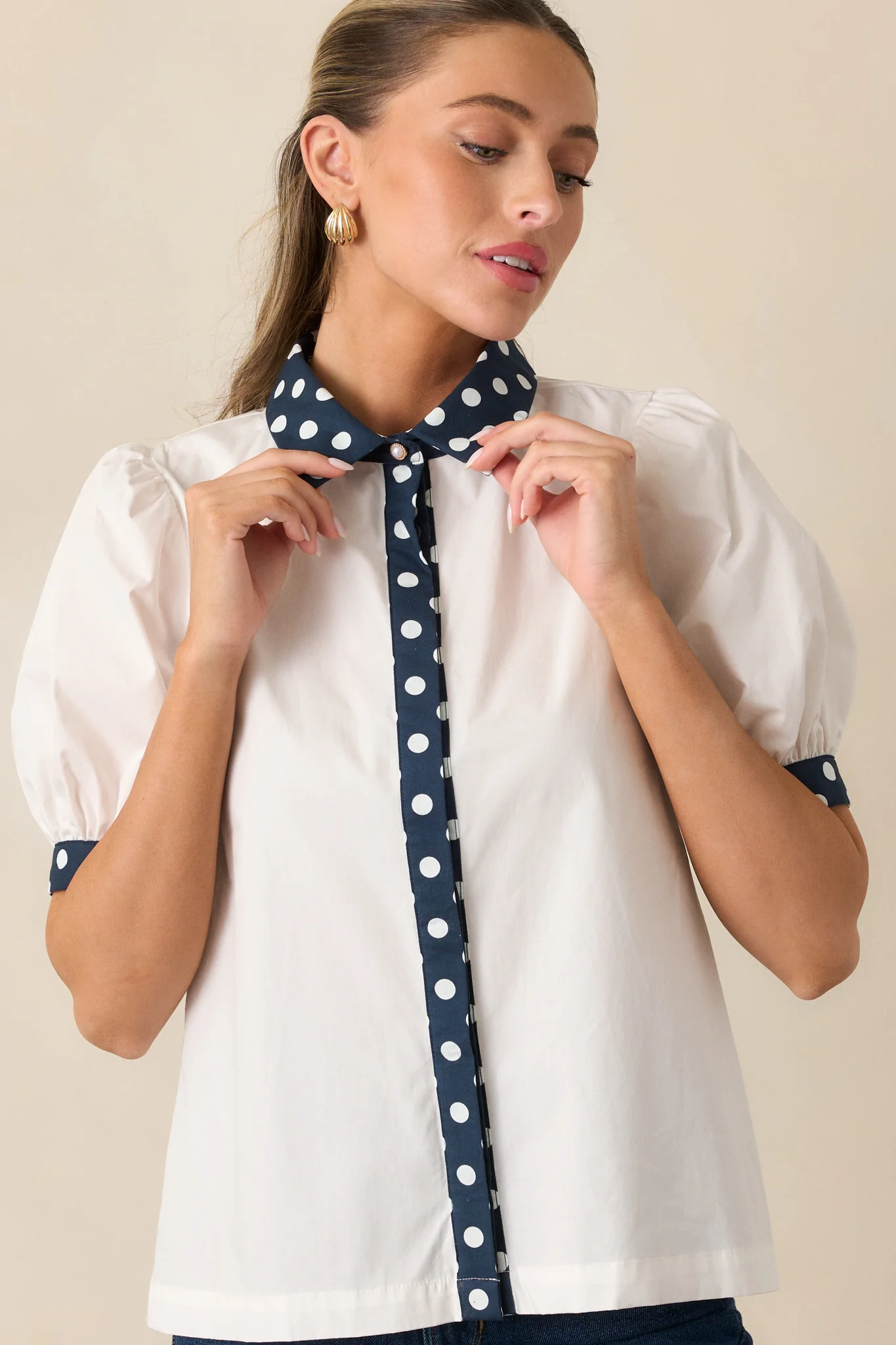 Prosperina Penny White Cotton Button Front Top