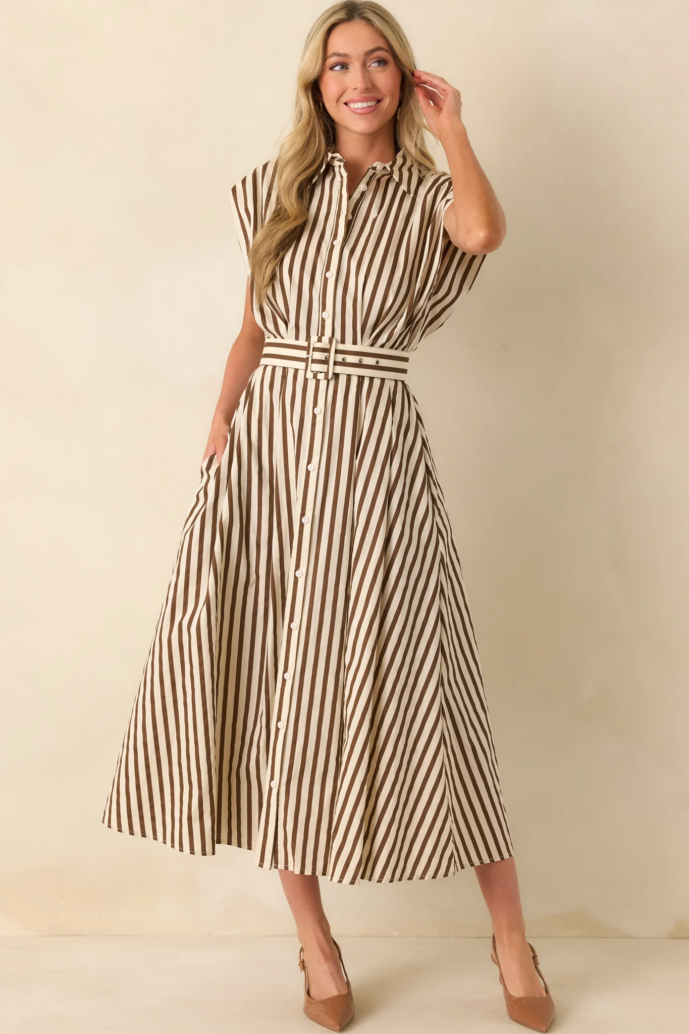 Over The Moon Mocha Stripe Cotton Button Front Maxi Dress