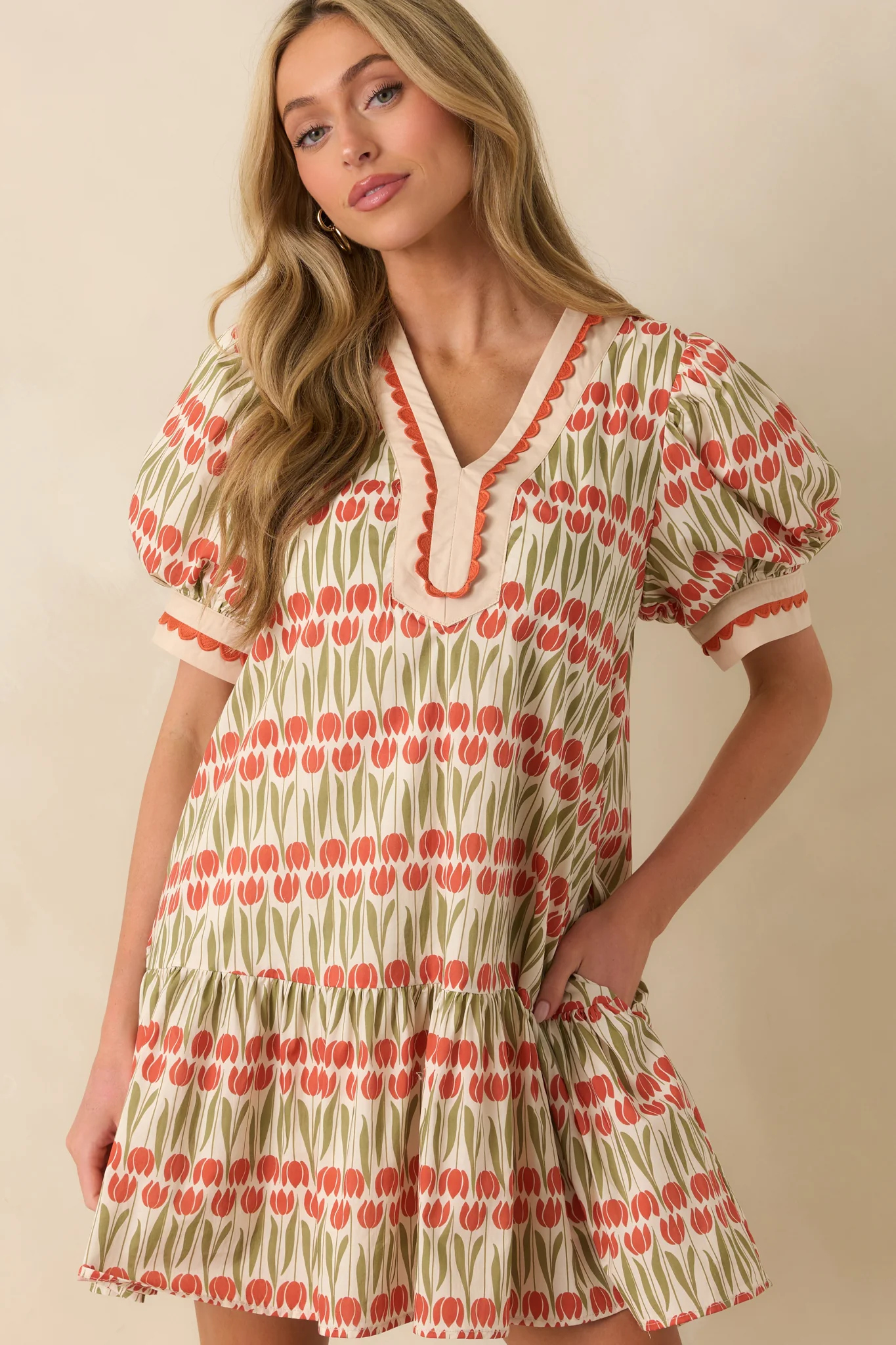 Simply Hers Ivory Tulip Floral Print Cotton Puff Sleeve Mini Dress