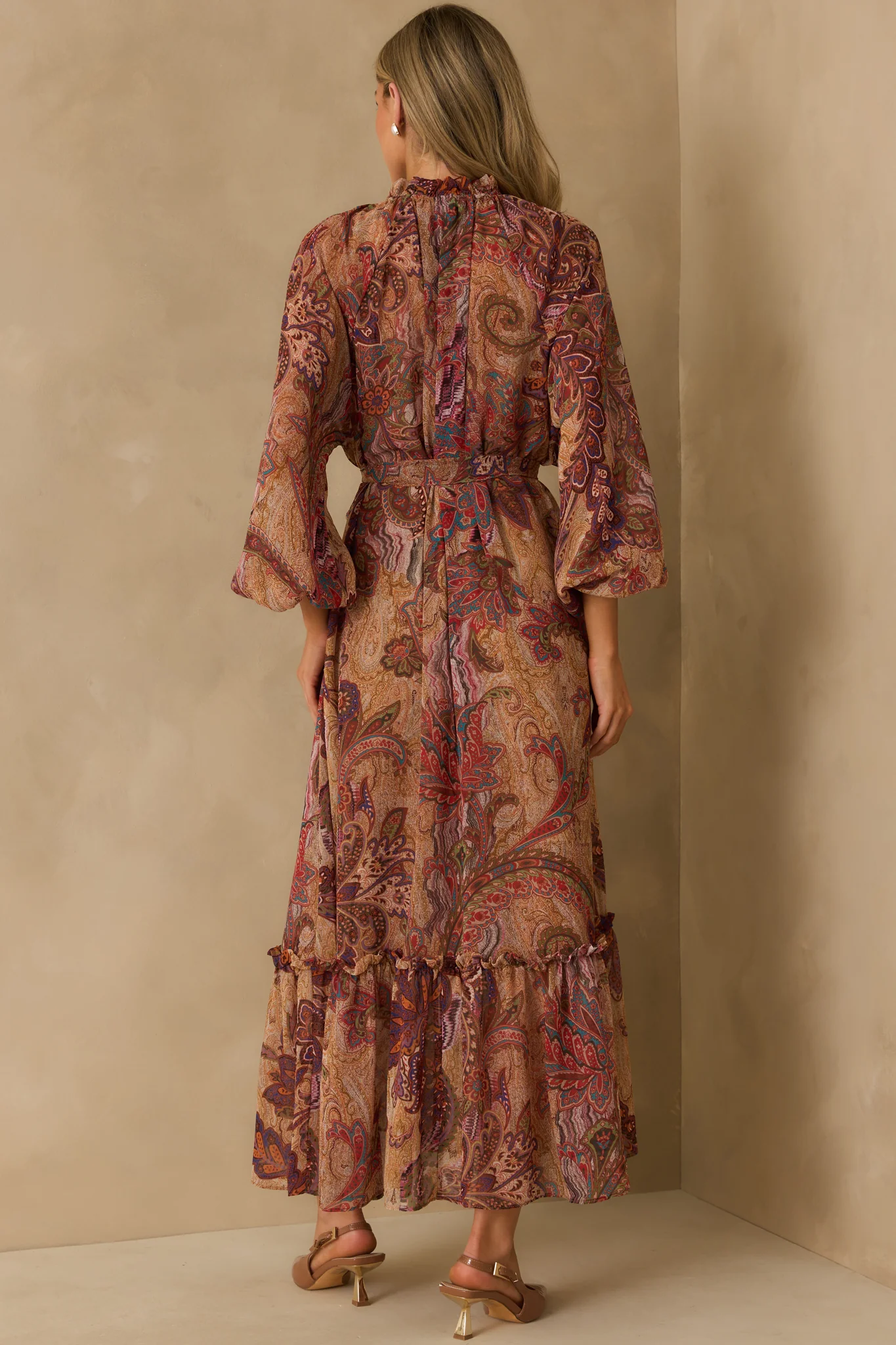 Point Taken Burgundy Multi Paisley Print Chiffon Maxi Dress