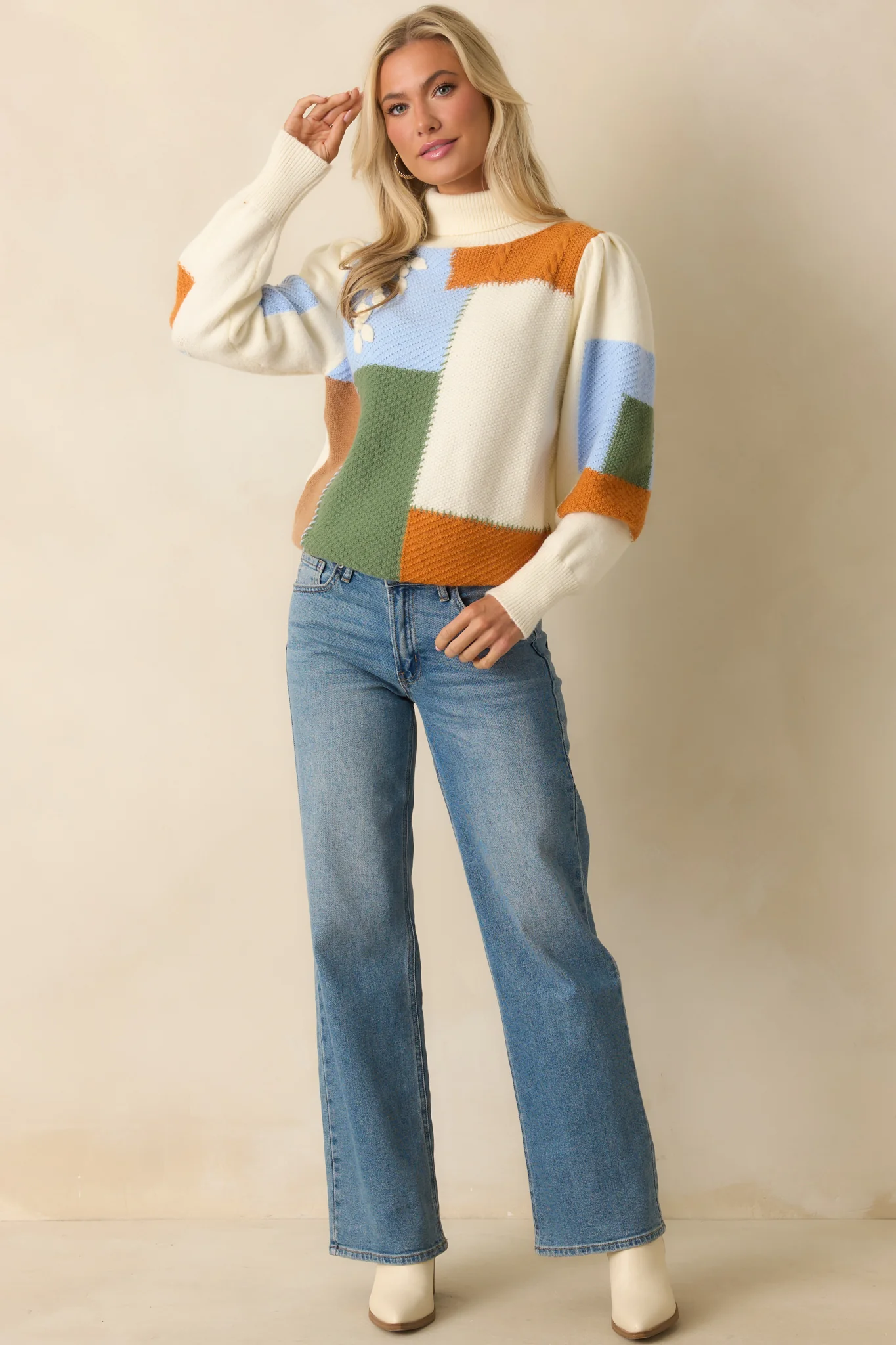 Ivory Multi Patchwork Turtleneck Sweater