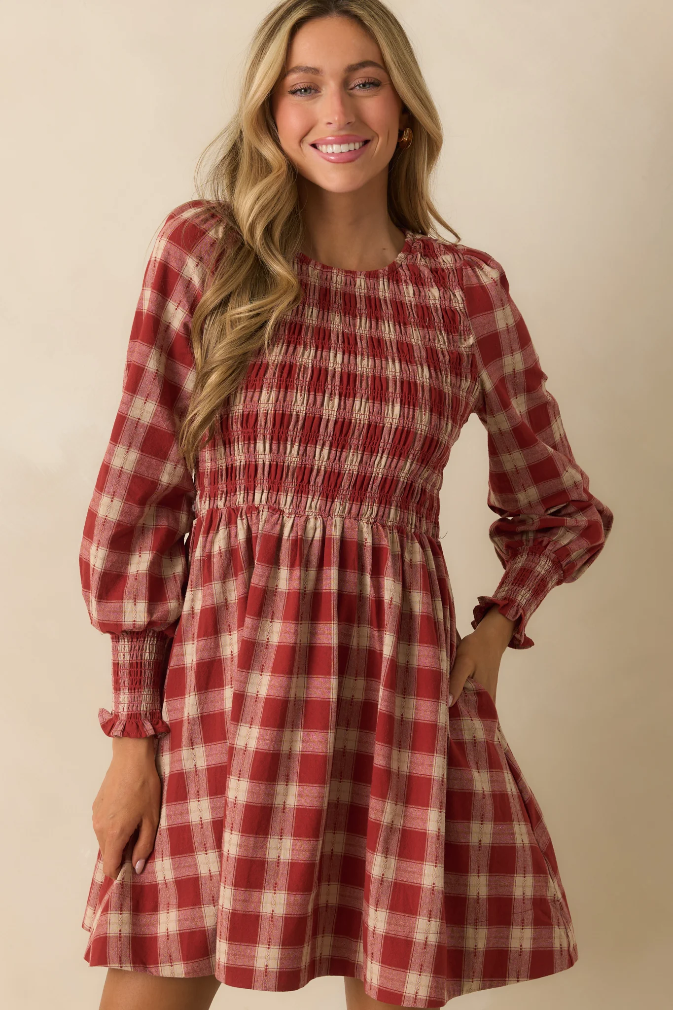By All Means Brick Red Gingham Cotton Long Sleeve Mini Dress