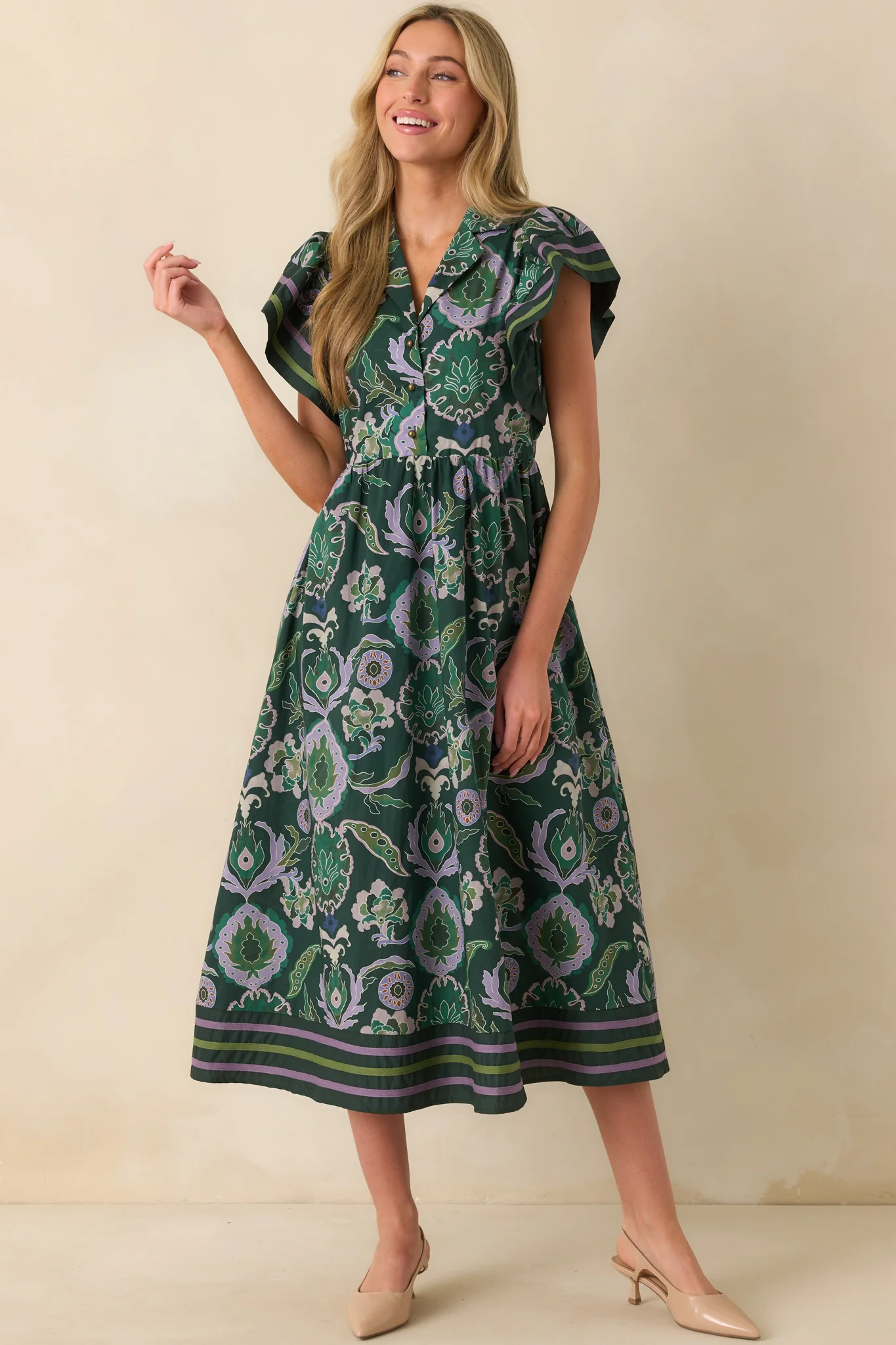 Still Thinking About Her Green Multi Print Cotton Midi Dress