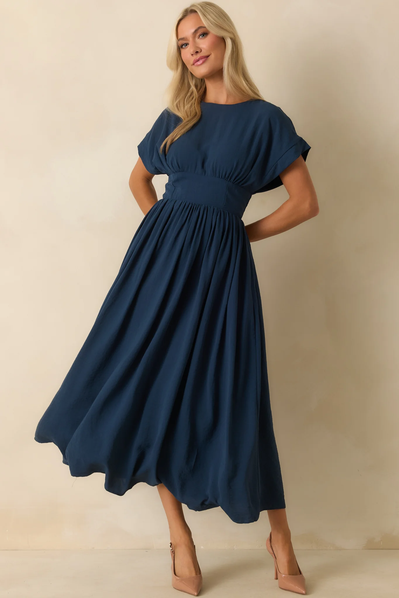 As Promised Navy Short Sleeve Cinched Waist Maxi Dress