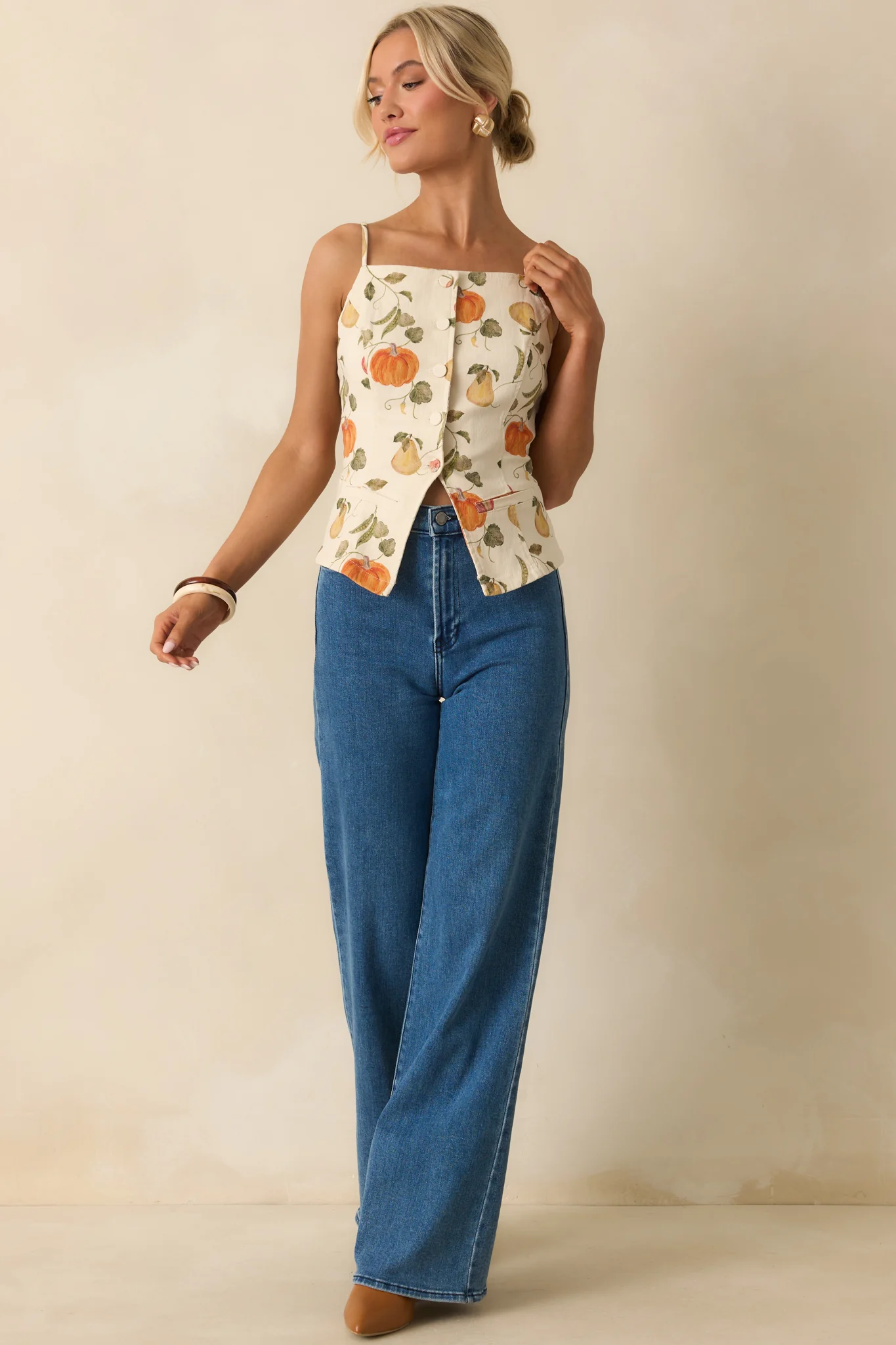 Living Life Slowly Ivory Multi Vegetable Print Cotton Button Up Top