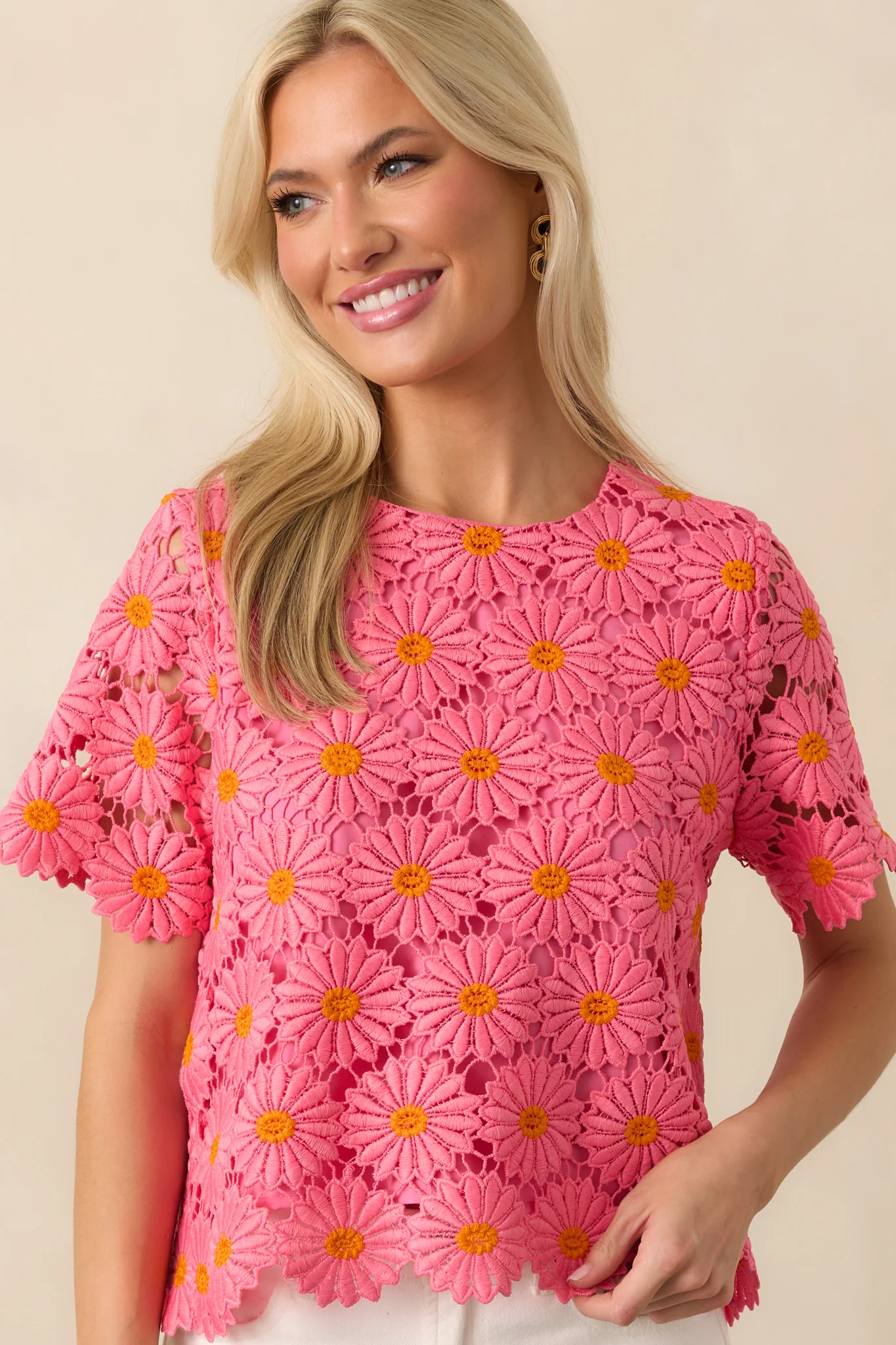 Reading My Mind Hot Pink Floral Embroidered Lace Bow Back Top