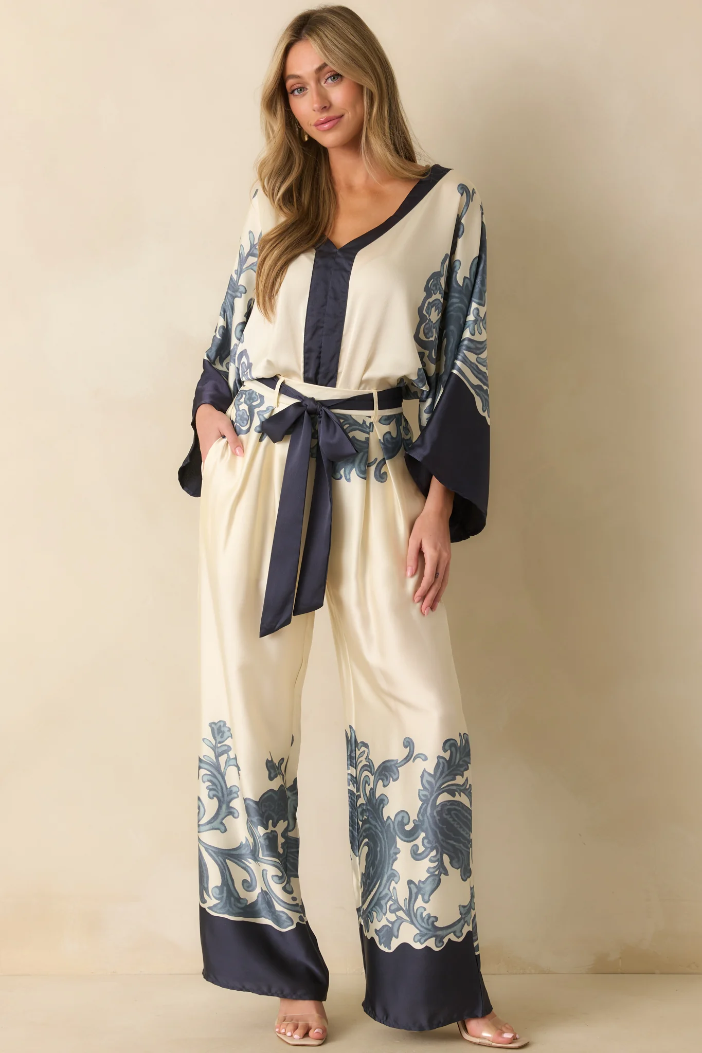 Navy Multi Print Belted Wide Leg Pants