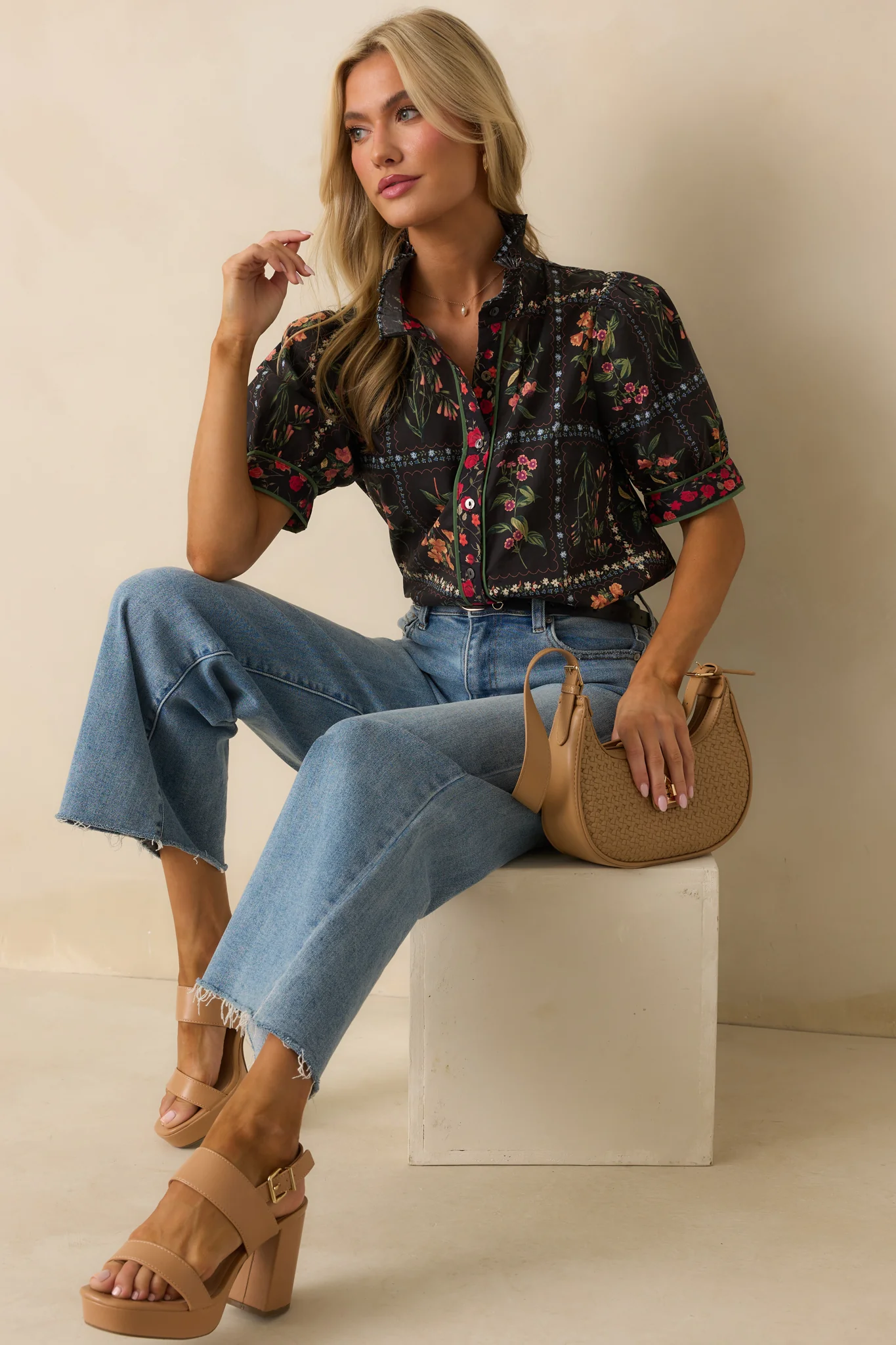 Full Of Light Black Multi Floral Print Cotton Button Up Top