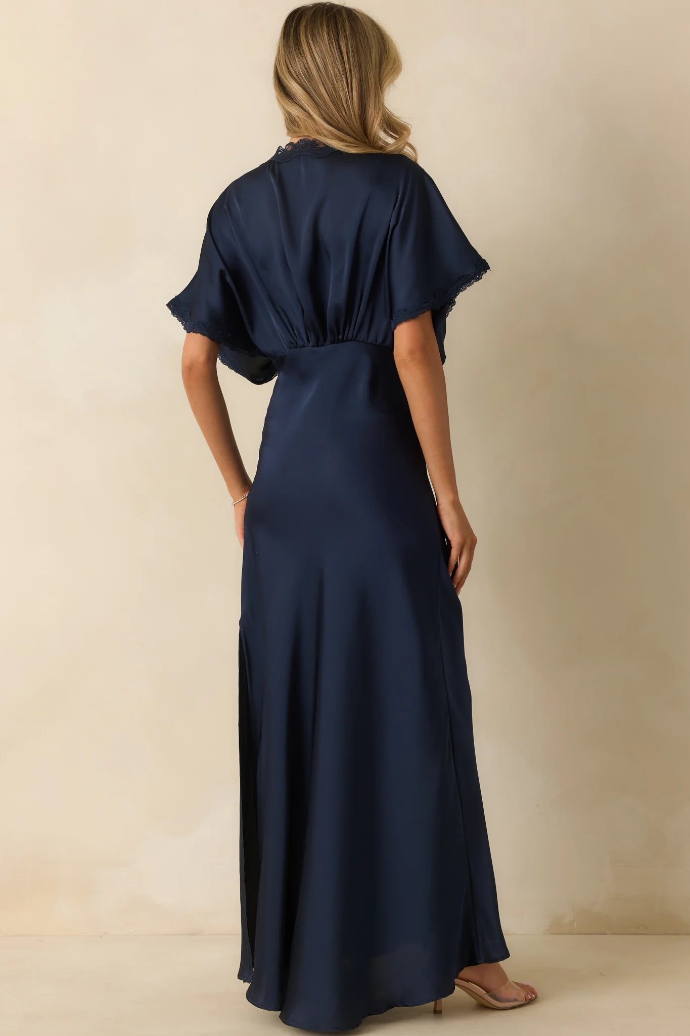All The Right Reasons Navy Satin Lace Trim Maxi Dress
