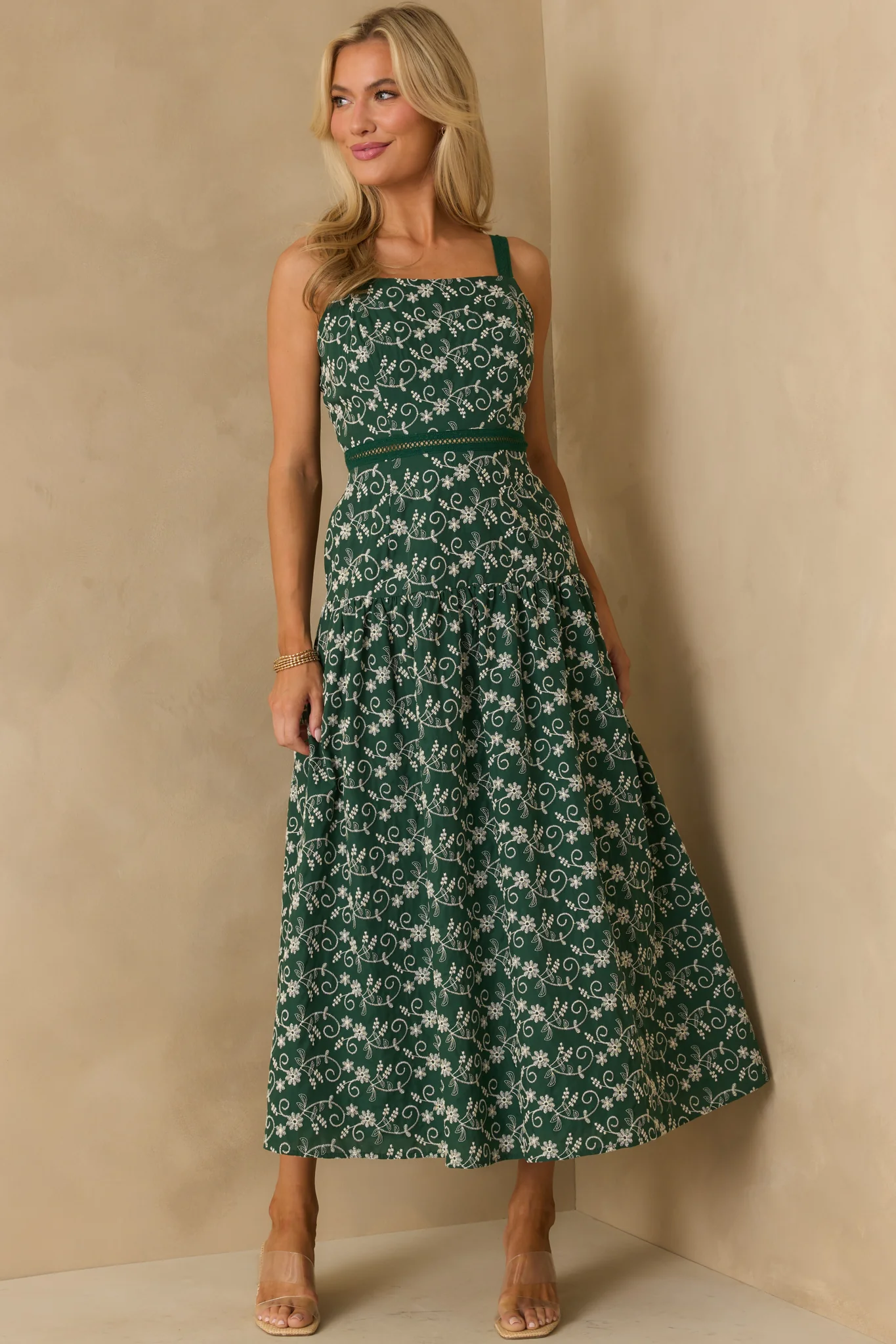 On My Side Hunter Green Floral Embroidered Eyelet Maxi Dress
