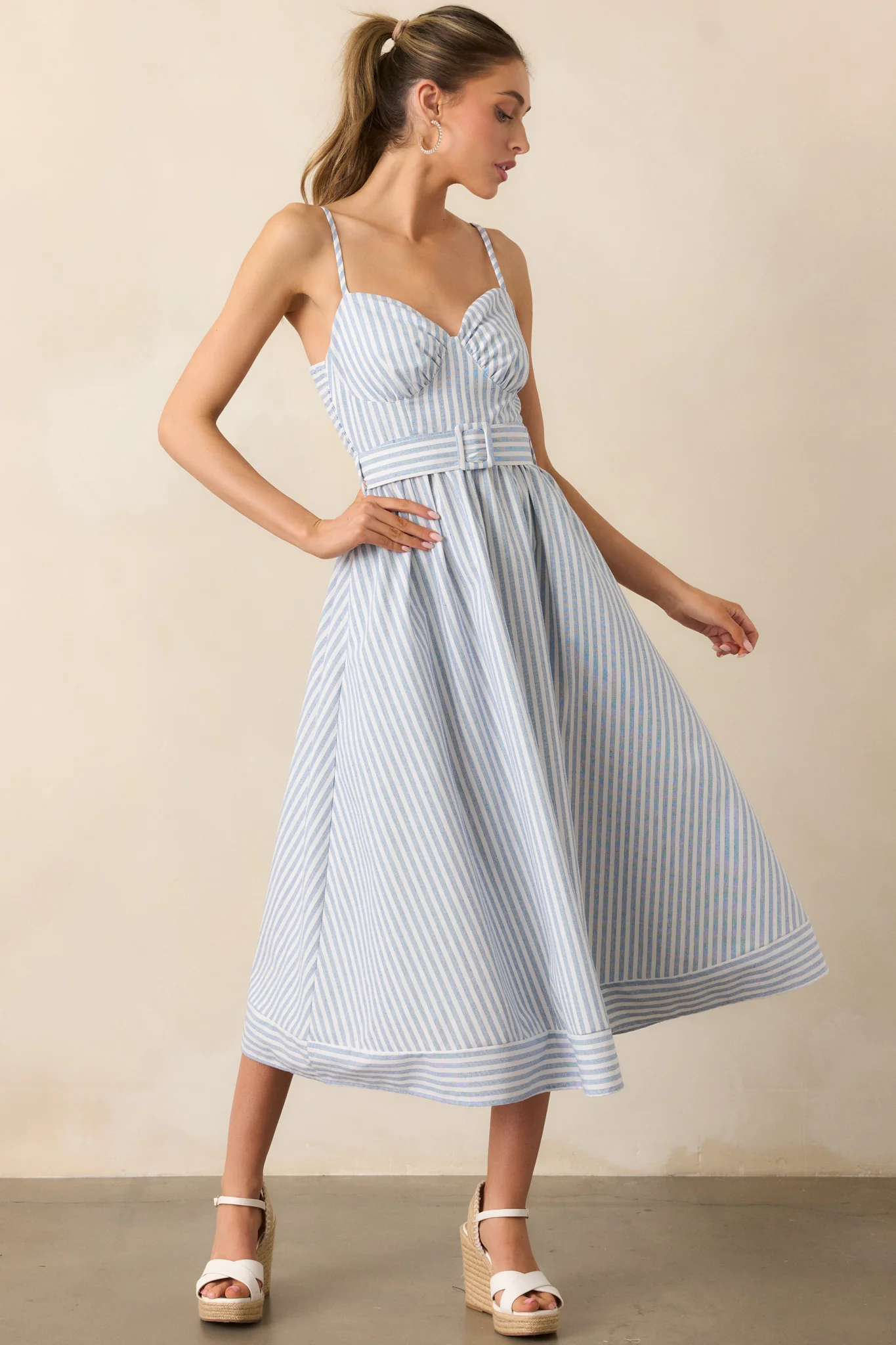 Every Little Thing Light Blue Stripe Belted Midi Dress