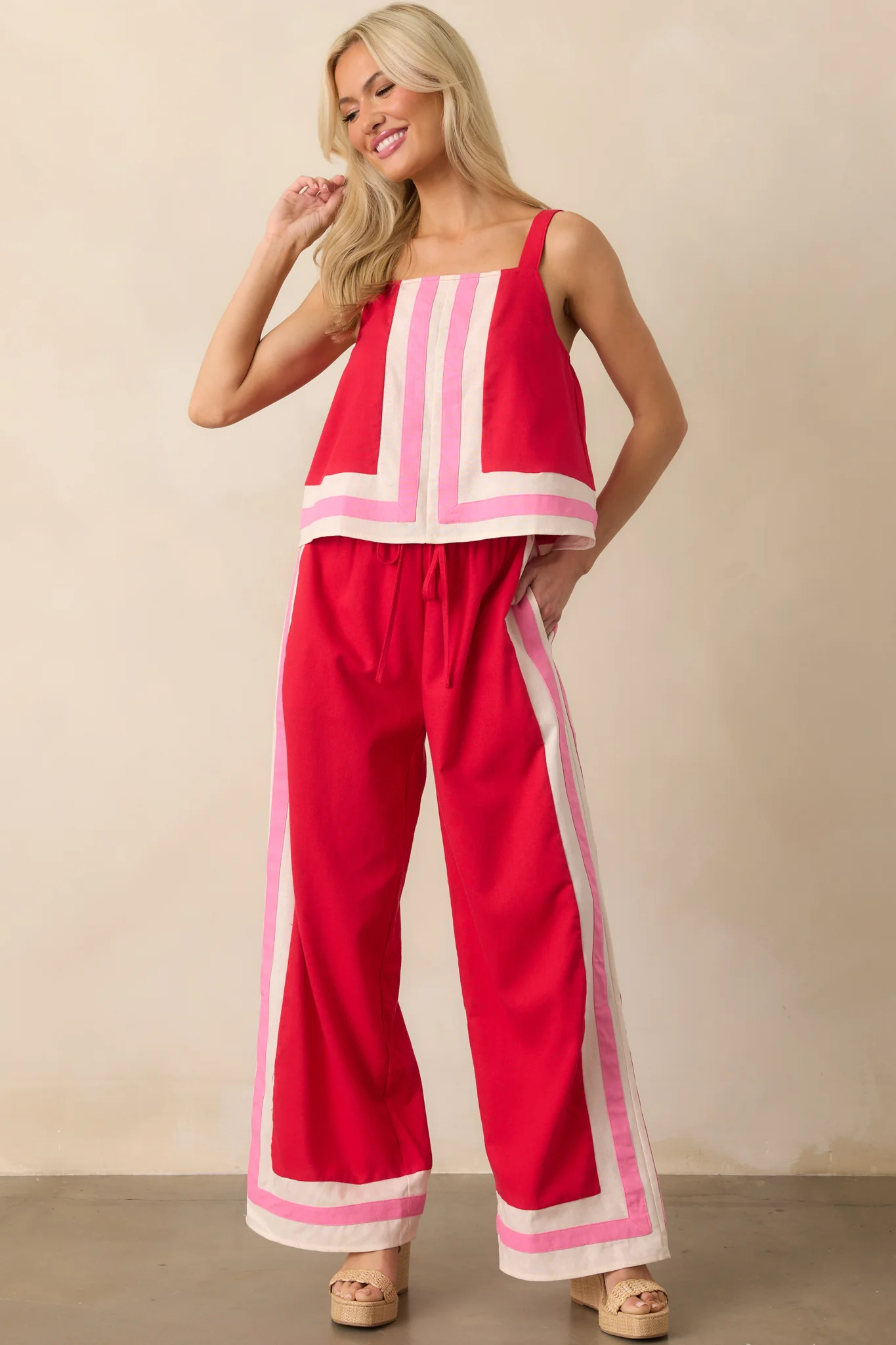 Time On My Hands Red Linen Blend Contrast Trim Crop Top