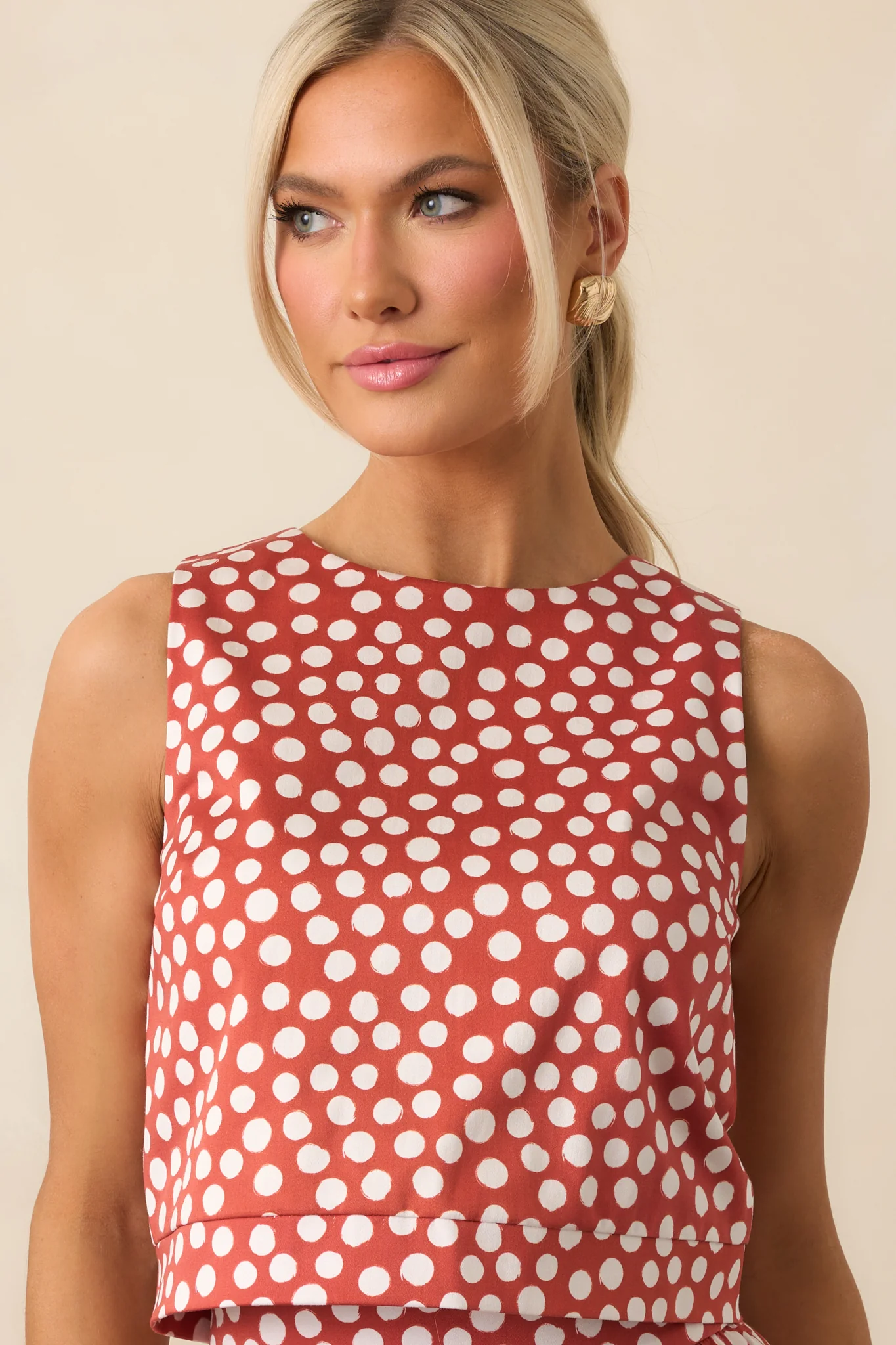 Prosperina Simone Brick Red Polka Dot Cotton Top