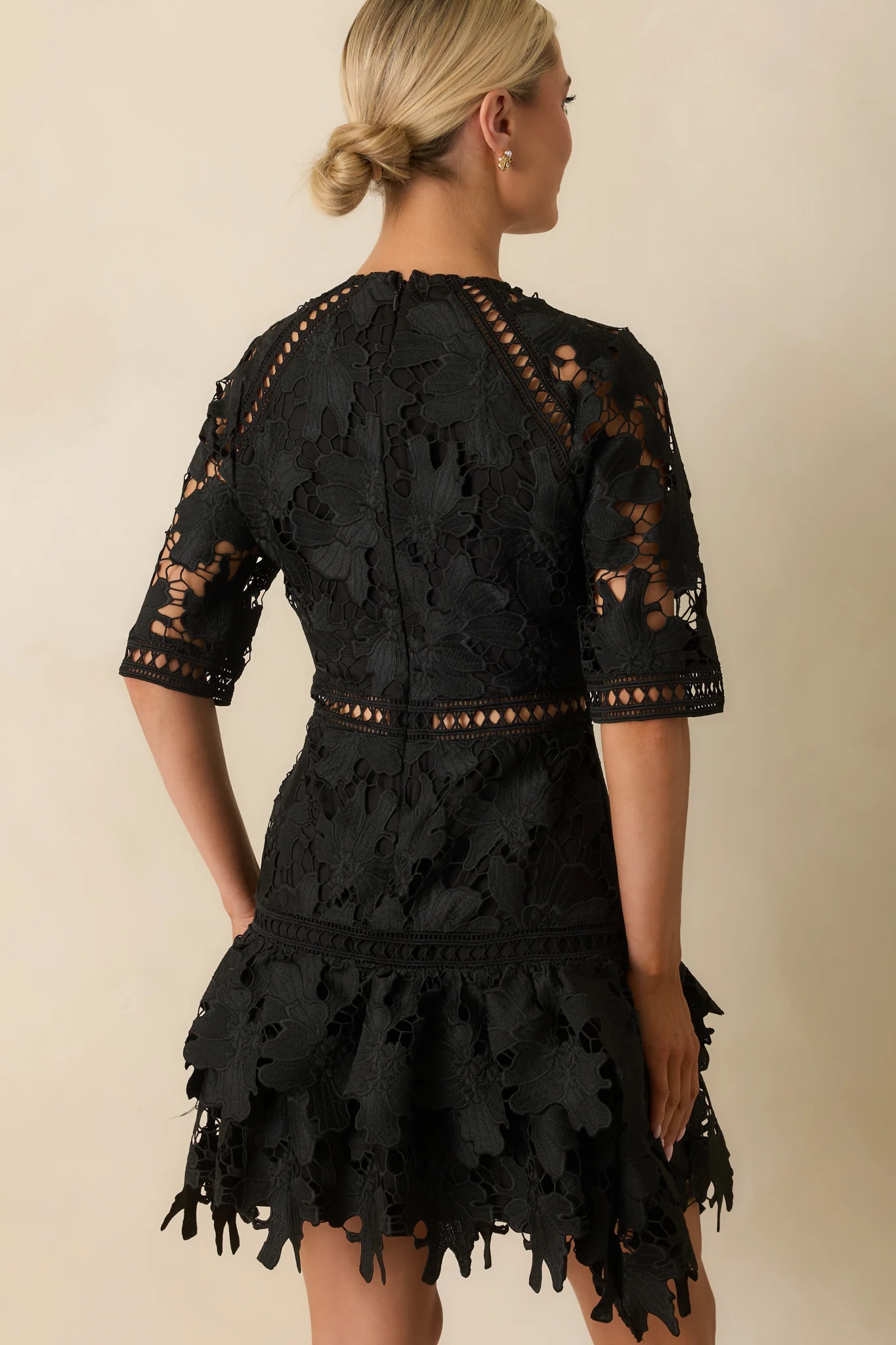 No Compromise Black Floral Guipure Lace Scallop Hem Mini Dress