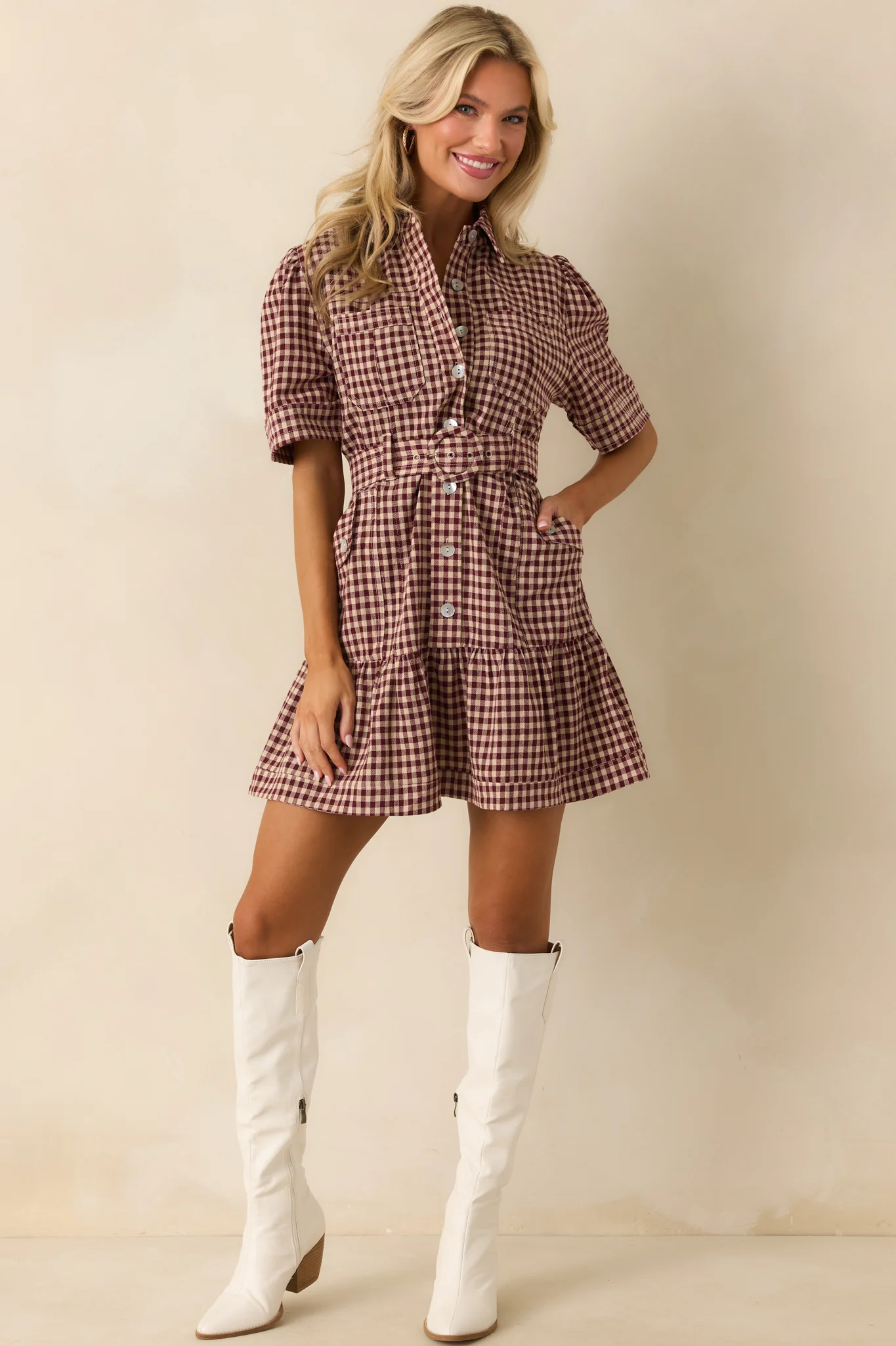 I Hope You Know Burgundy Gingham Cotton Mini Shirt Dress