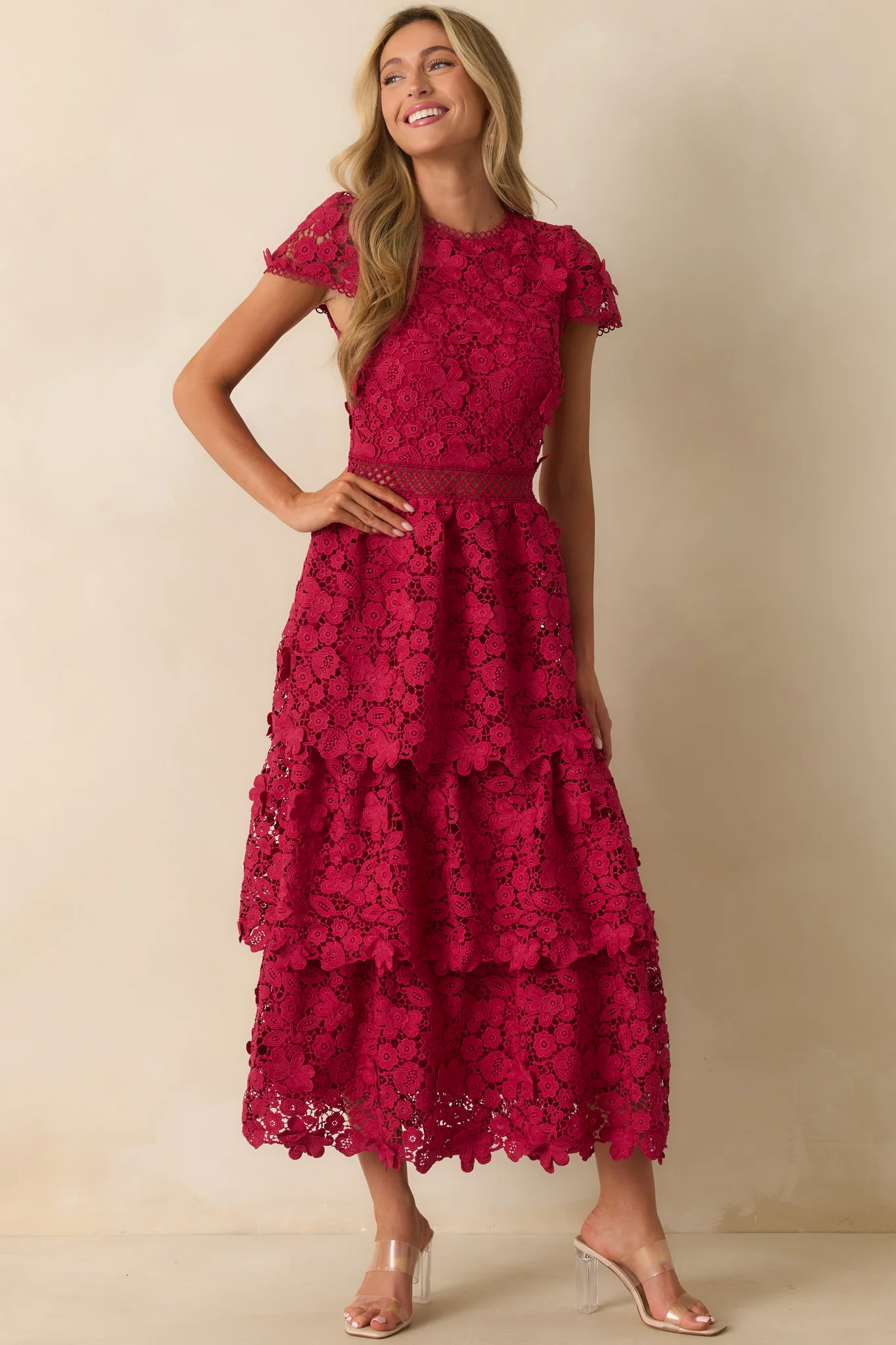 A Matter Of Time Red Floral Guipure Lace Tiered Maxi Dress