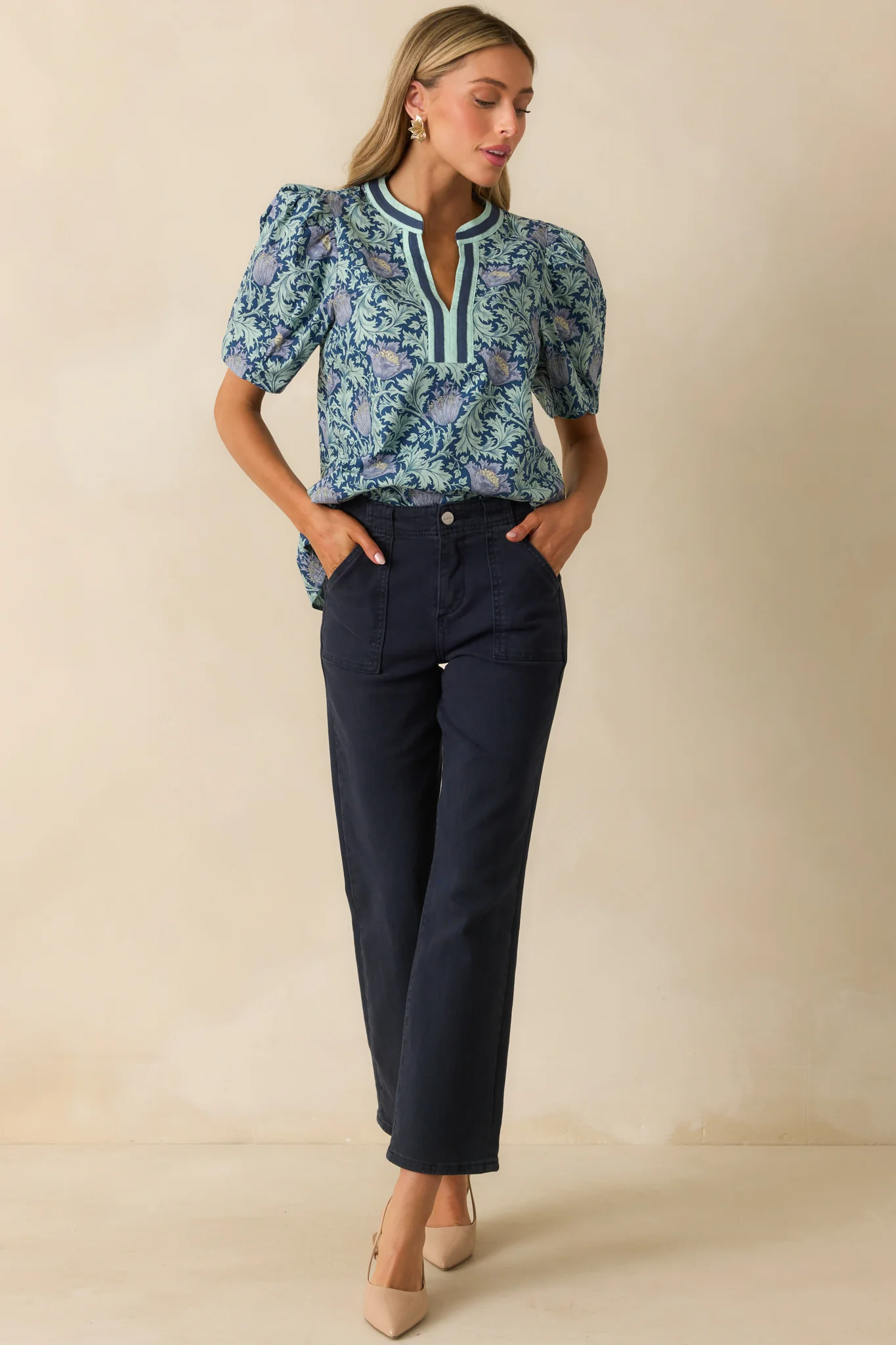 Nothing To Add Navy Multi Floral Print Cotton Puff Sleeve Top