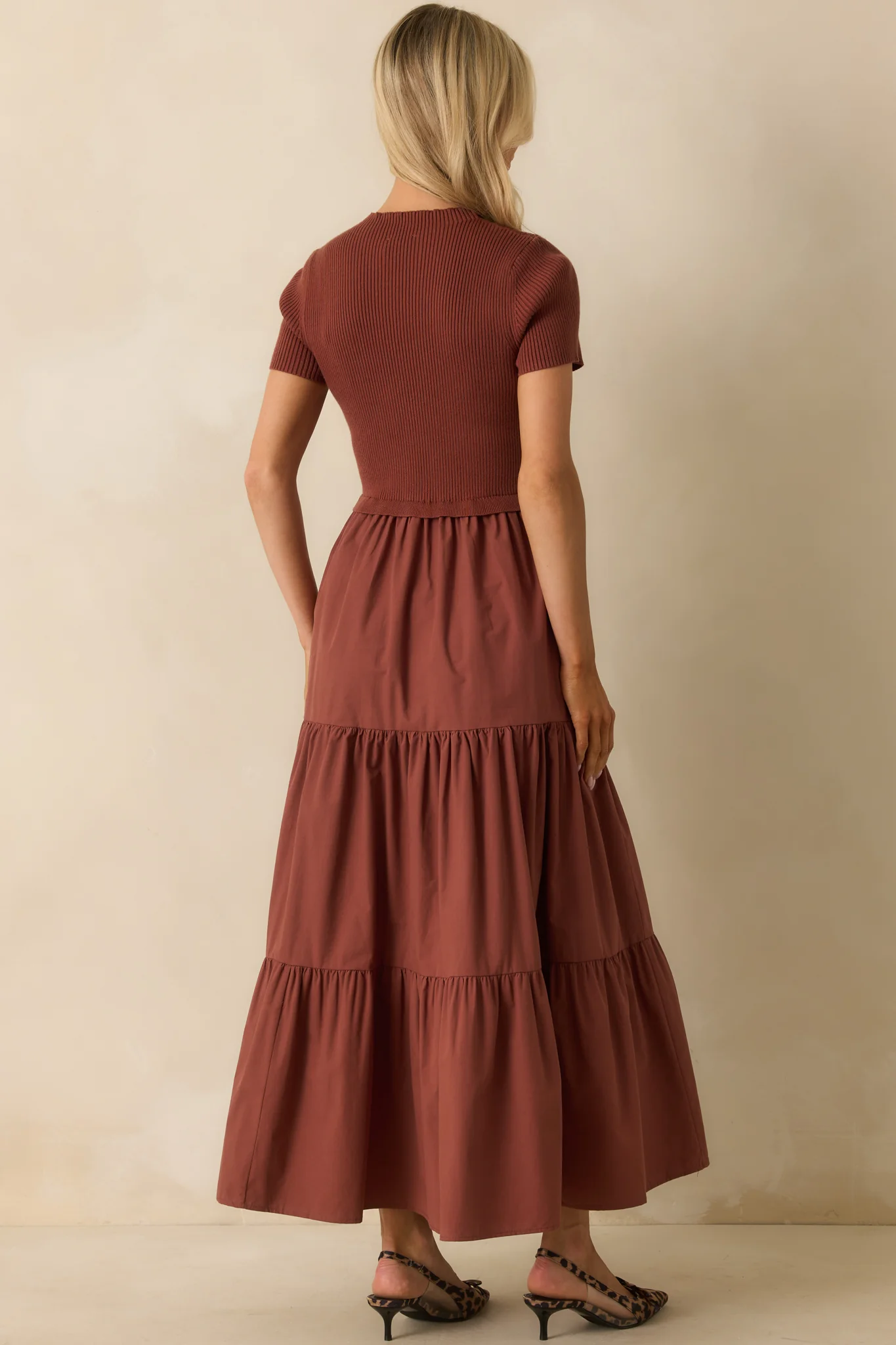 No Other Way Rust Ribbed Knit Bodice Short Sleeve Maxi Dress