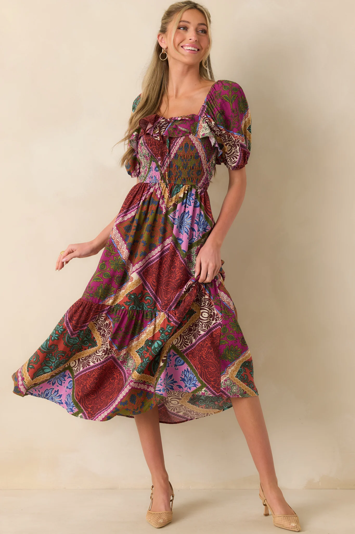Peace That Lasts Red Multi Patchwork Print Puff Sleeve Midi Dress
