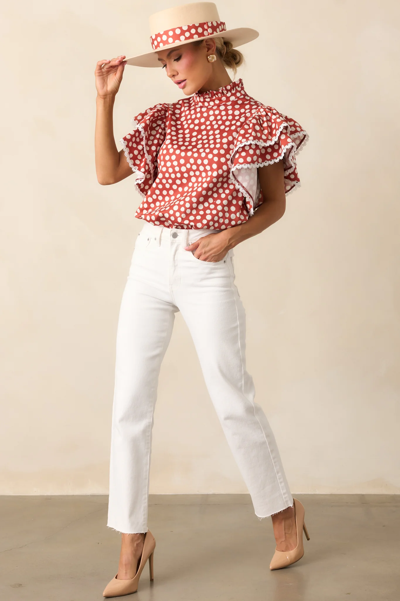 Prosperina Blair Brick Red Polka Dot Cotton Ruffle Top