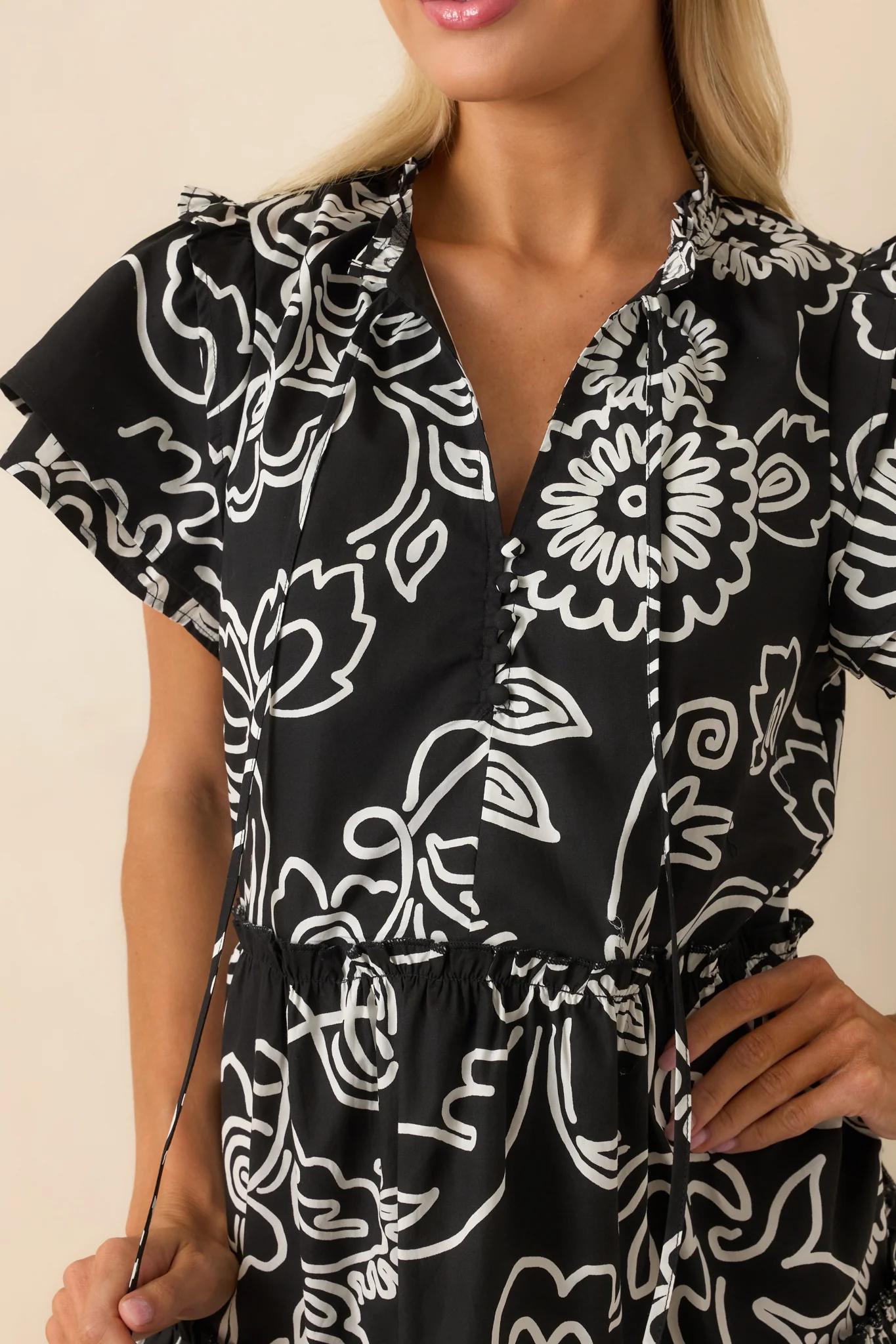 Go Your Way Black Floral Print Cotton Flutter Sleeve Mini Dress