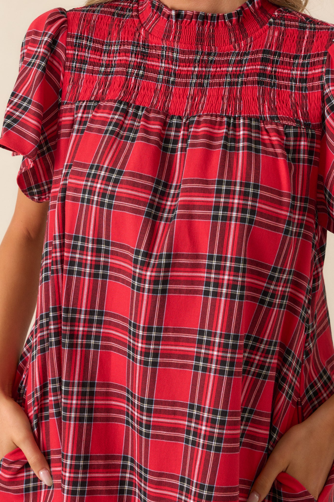 Candlelight Chats Cotton Red Plaid Mock Neck Mini Dress