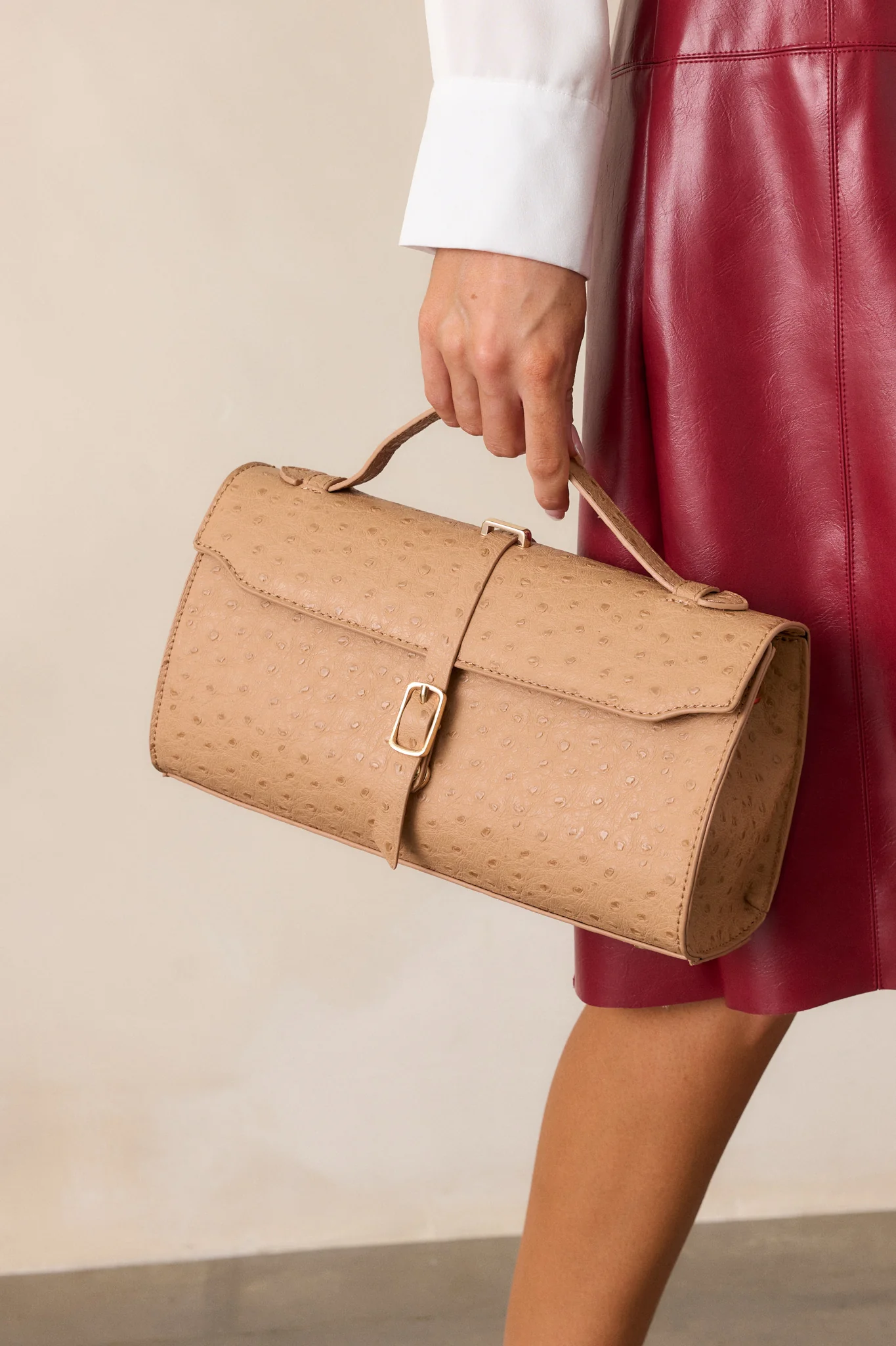 A Perfect Match Camel Ostrich Print Handbag