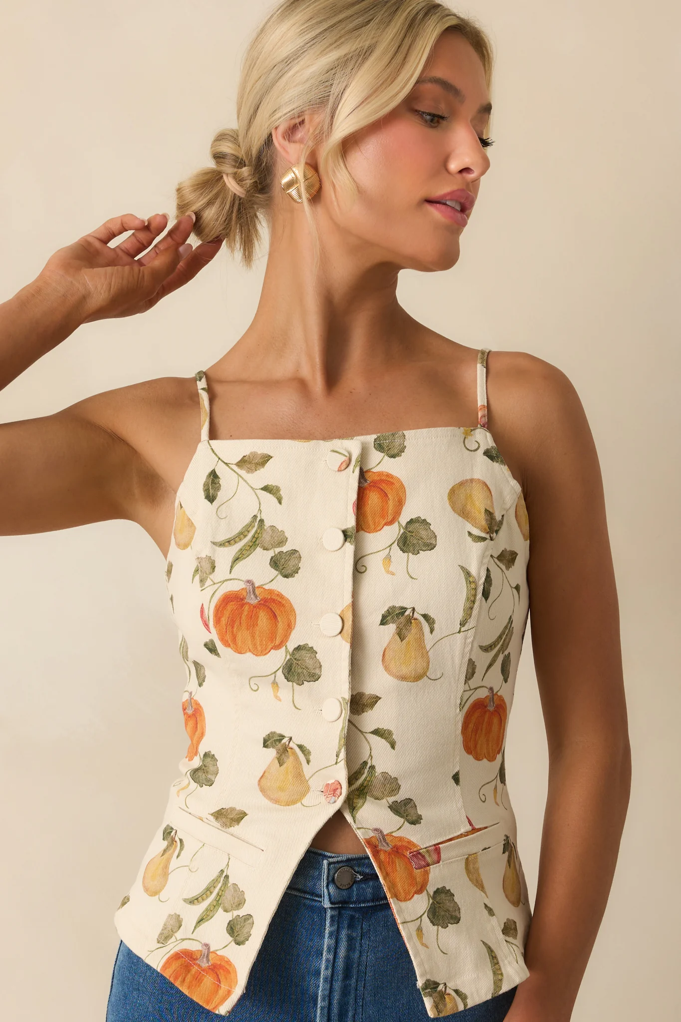 Living Life Slowly Ivory Multi Vegetable Print Cotton Button Up Top