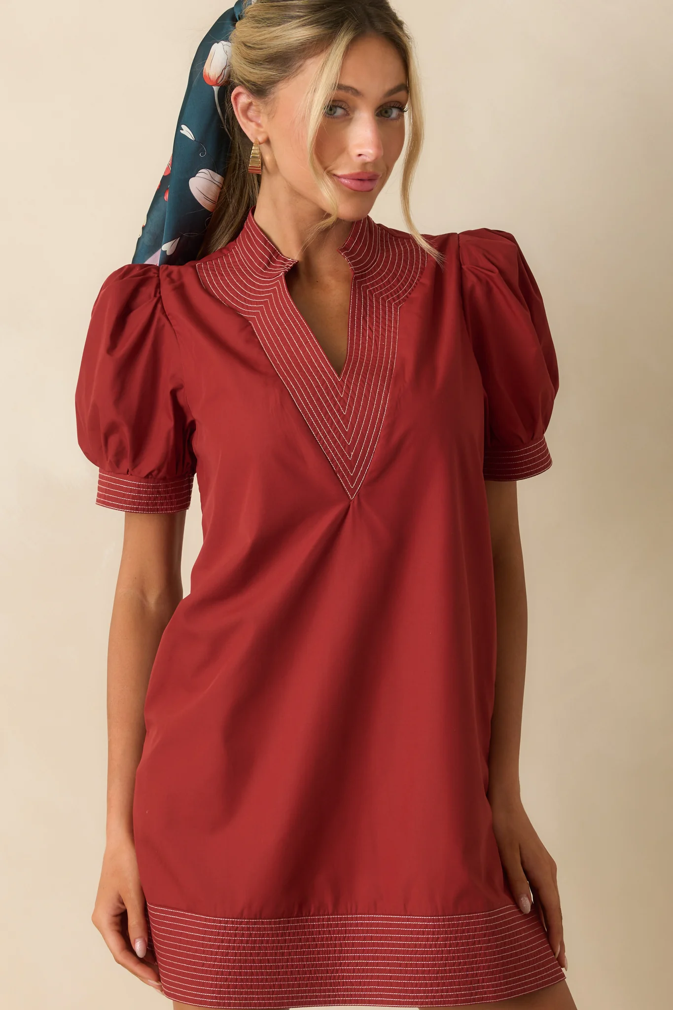 Took The Right Turn Brick Red Cotton Puff Sleeve Mini Dress