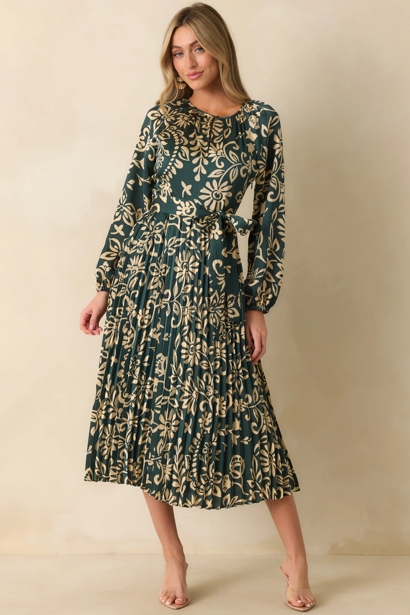 Dark Teal Floral Print Pleated Maxi Dress