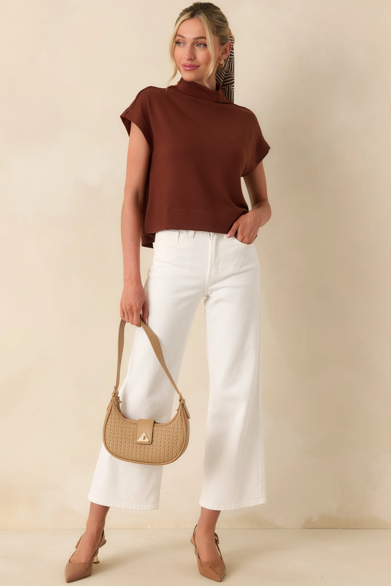 Plans Are Made Dark Rust Relaxed Mock Neck Cap Sleeve Top