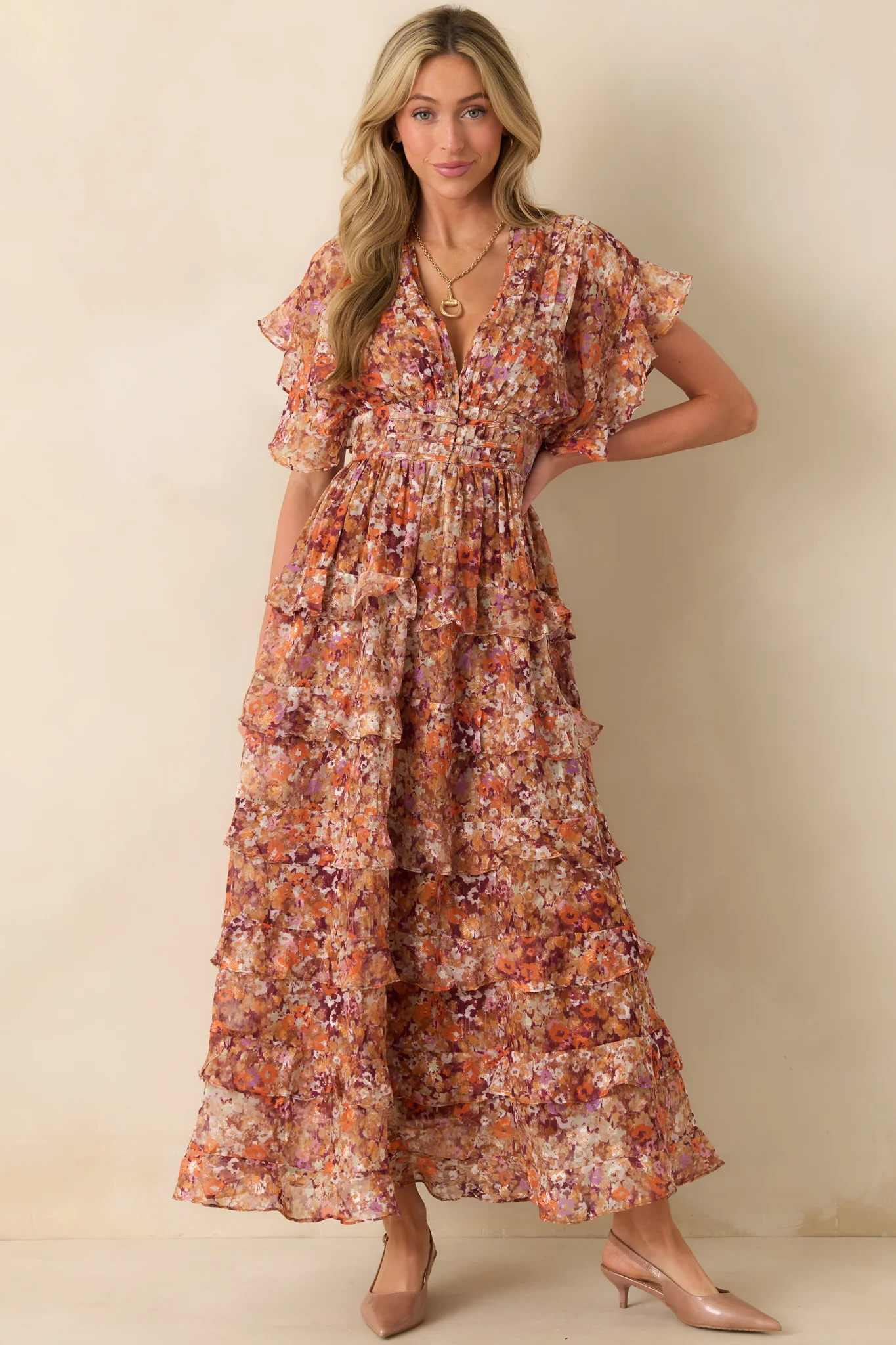 Room To Bloom Terracotta Multi Floral Print Ruffle Maxi Dress