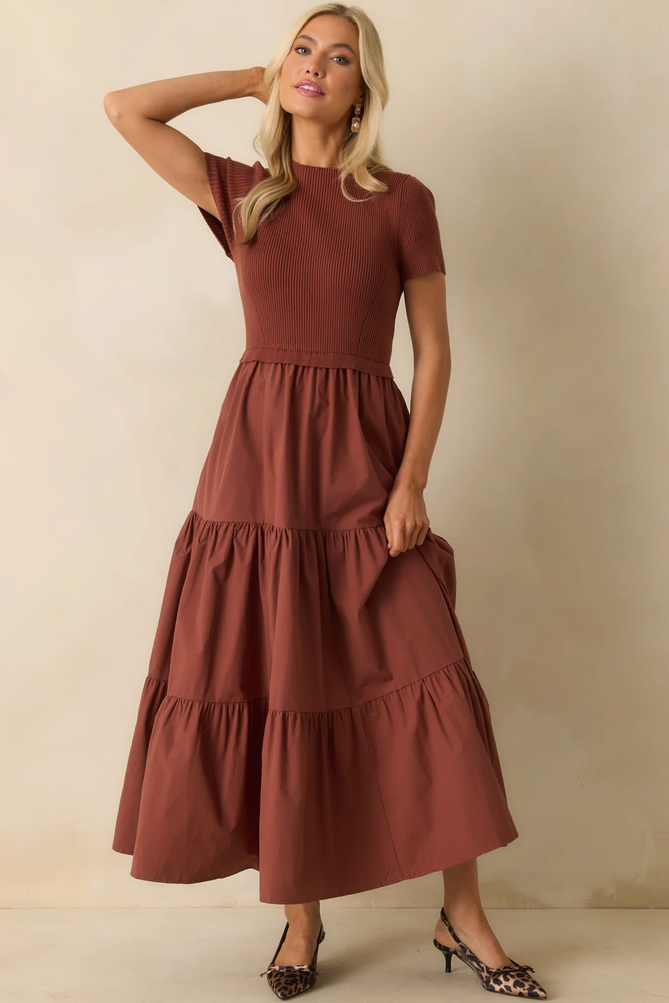 No Other Way Rust Ribbed Knit Bodice Short Sleeve Maxi Dress