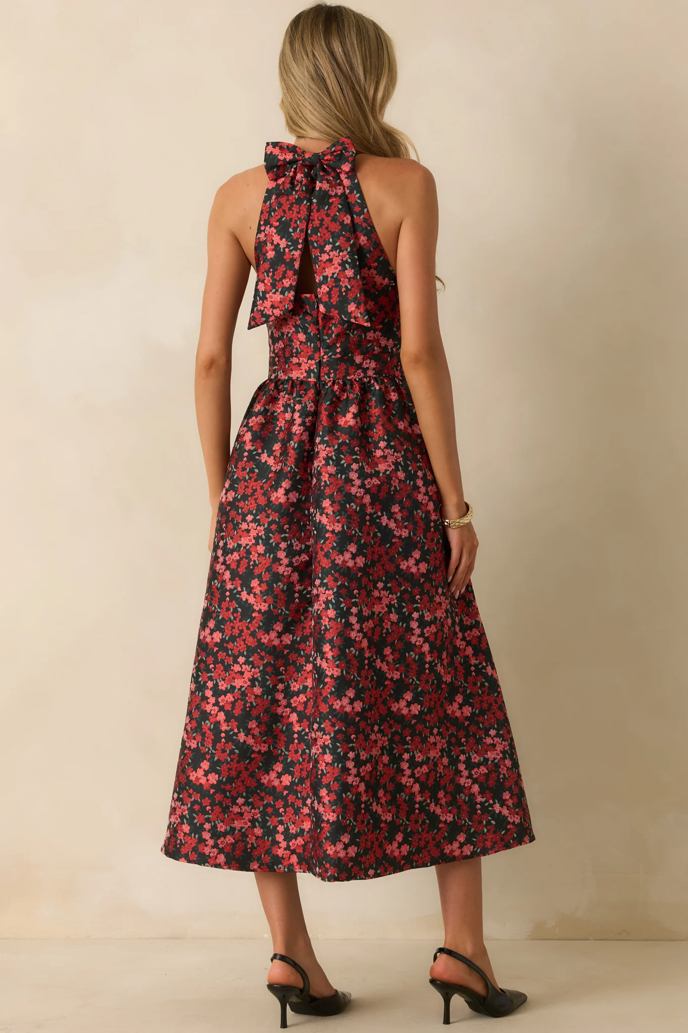 Worth Every Second Red Multi Floral Jacquard Halter Midi Dress