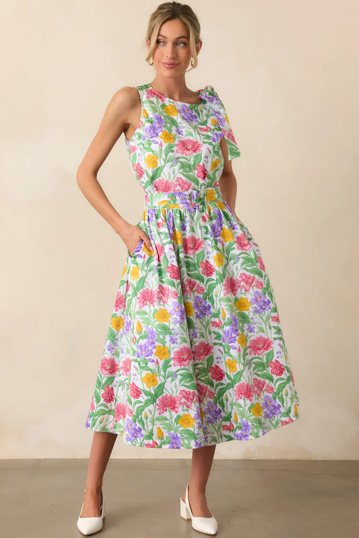 Thena Garden Party Floral Cotton Belted Midi Skirt