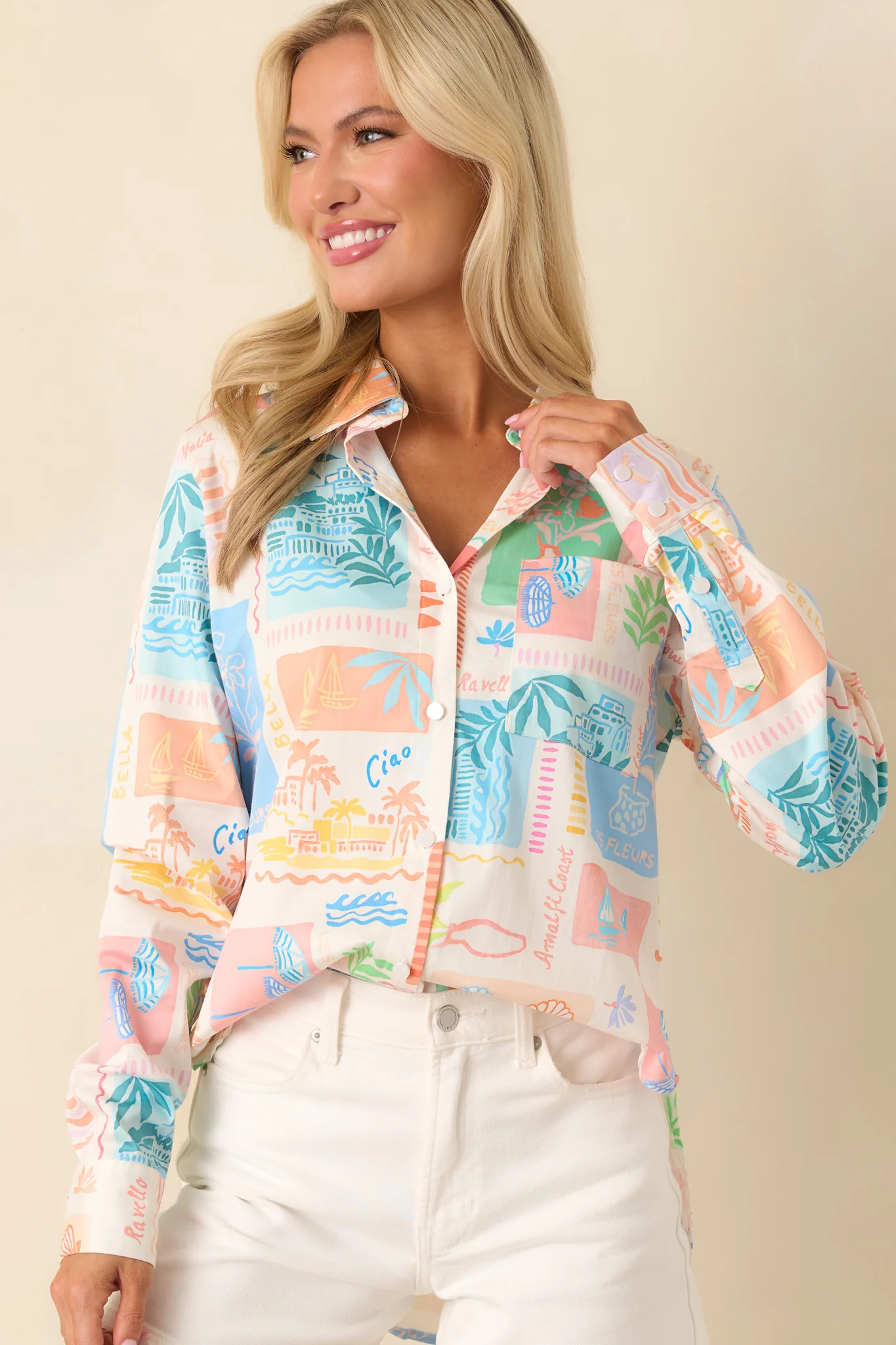 Prosperina Paula Multi Print Cotton Button Front Top