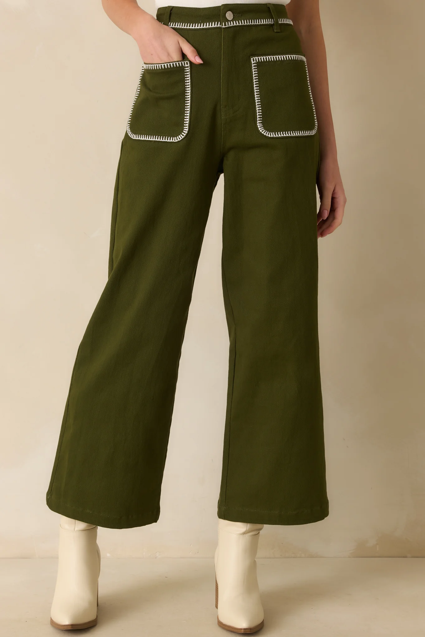 In The Right Place Olive Green Cotton Denim Wide Leg Jeans