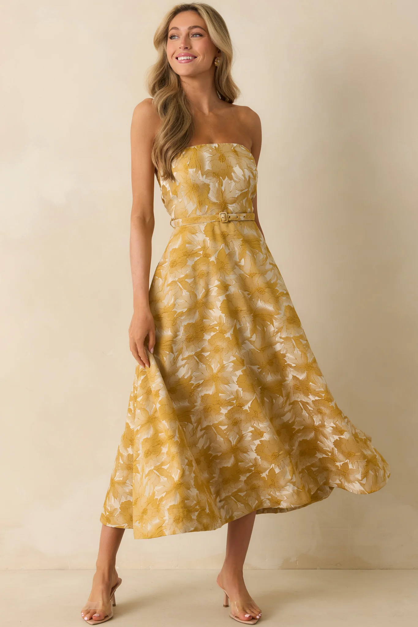Perfectly Placed Yellow Gold Floral Jacquard Strapless Midi Dress
